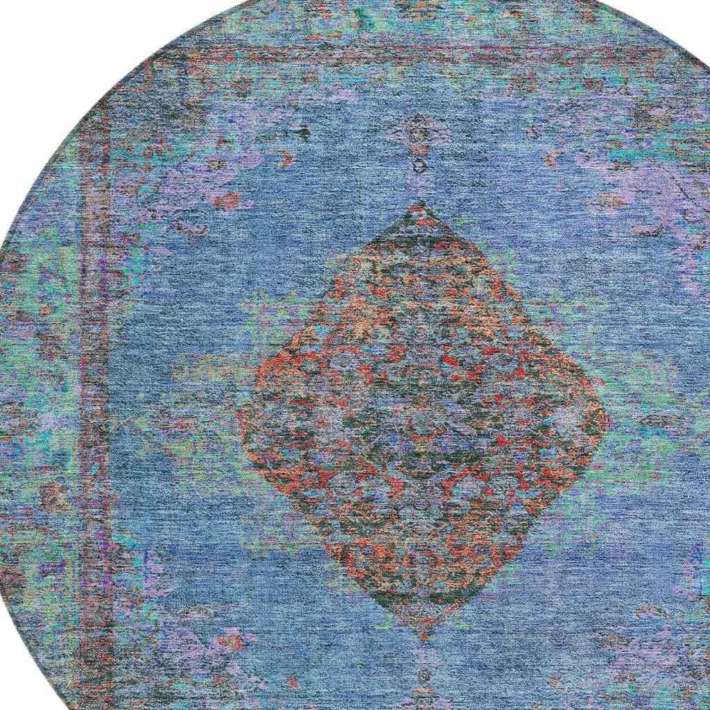 8' Blue And Rust Round Medallion Washable Indoor Outdoor Area Rug