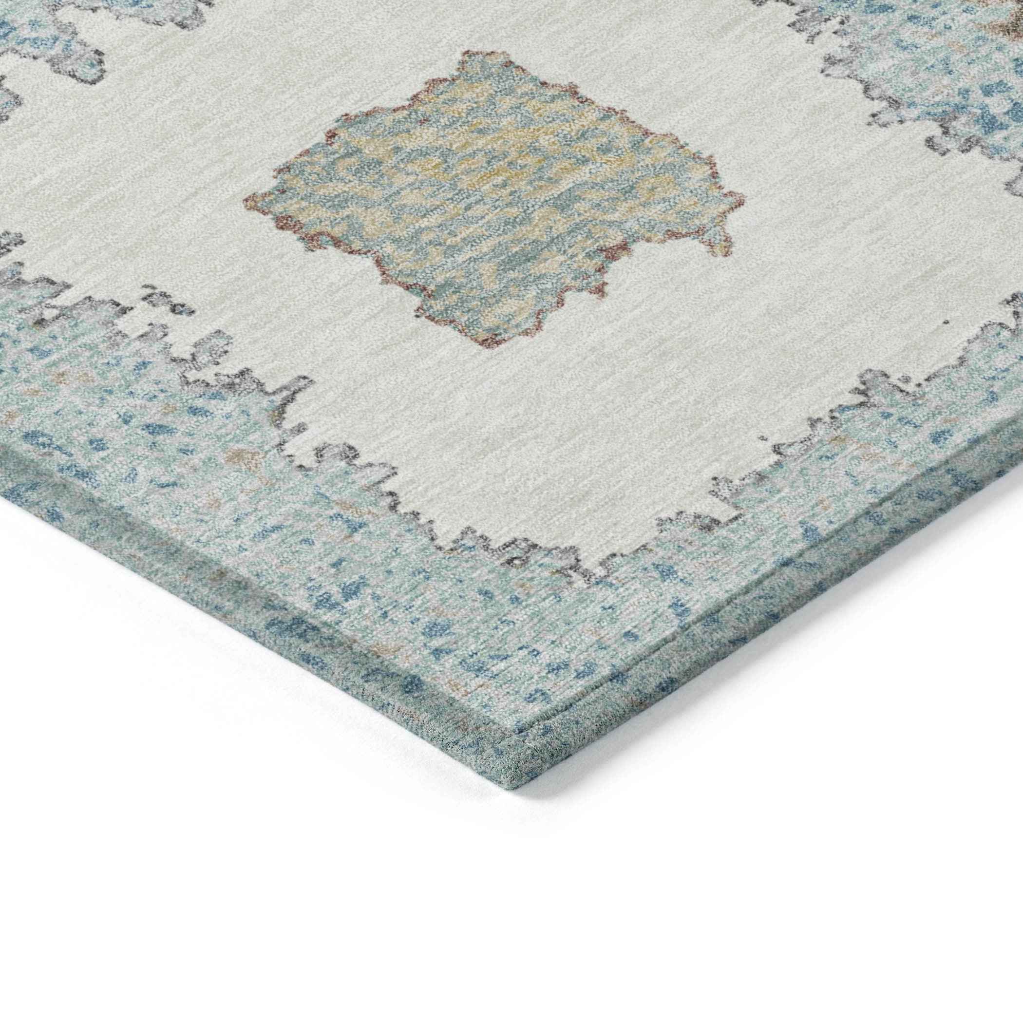 10' X 14' Teal Blue Beige And Ivory Geometric Washable Indoor Outdoor Area Rug