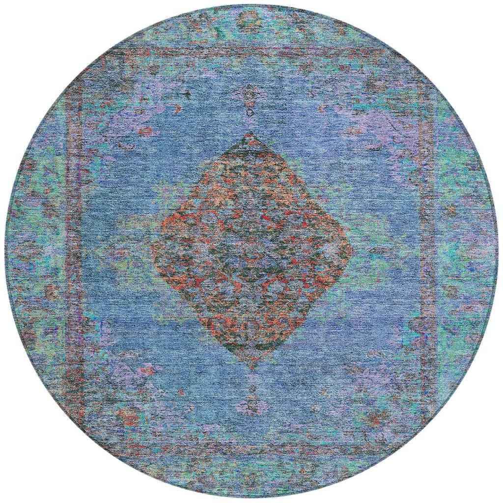 8' Blue And Rust Round Medallion Washable Indoor Outdoor Area Rug