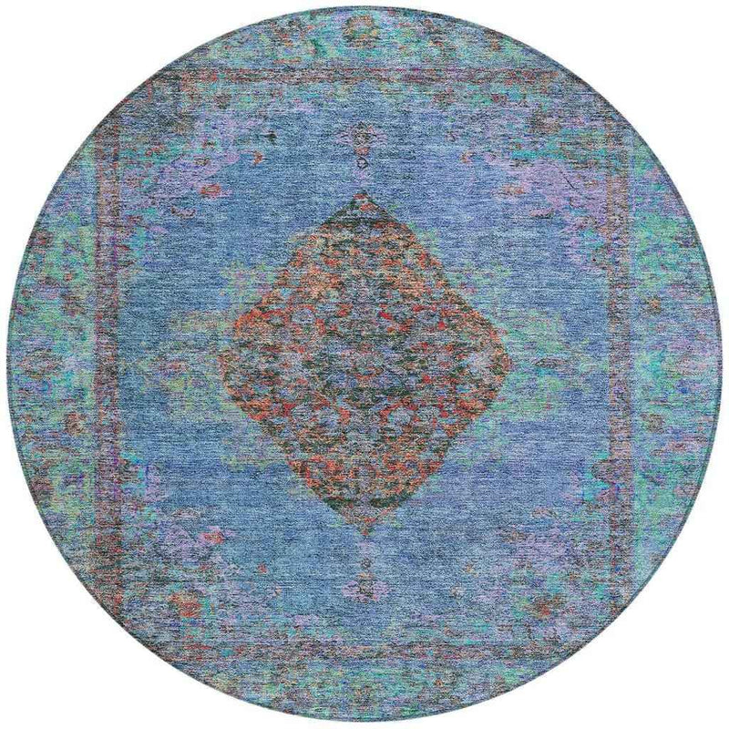8' Blue And Rust Round Medallion Washable Indoor Outdoor Area Rug