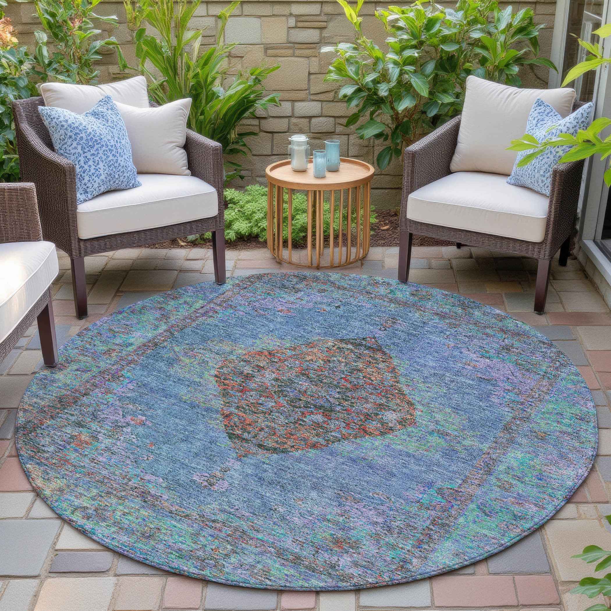 8' Blue And Rust Round Medallion Washable Indoor Outdoor Area Rug