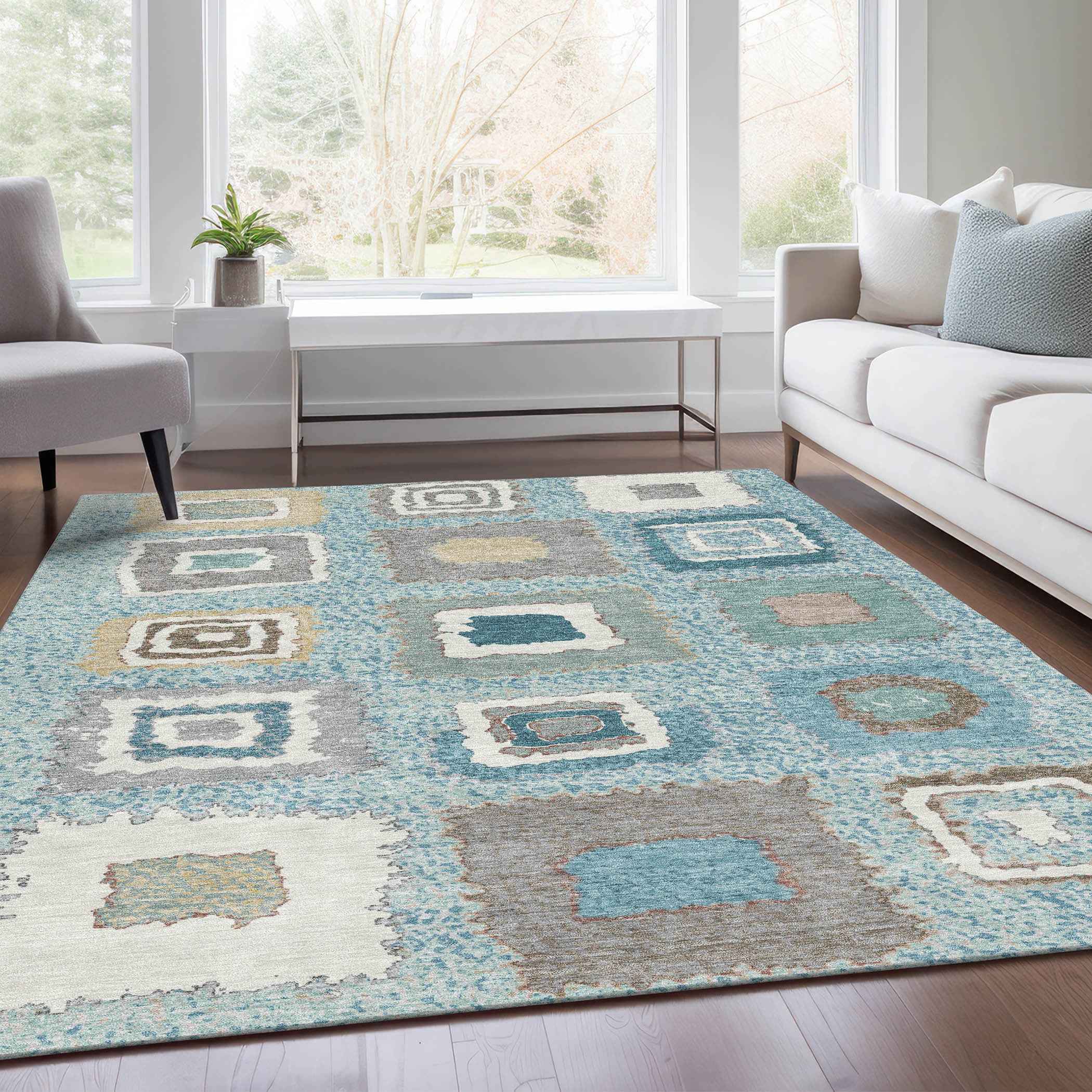 10' X 14' Teal Blue Beige And Ivory Geometric Washable Indoor Outdoor Area Rug