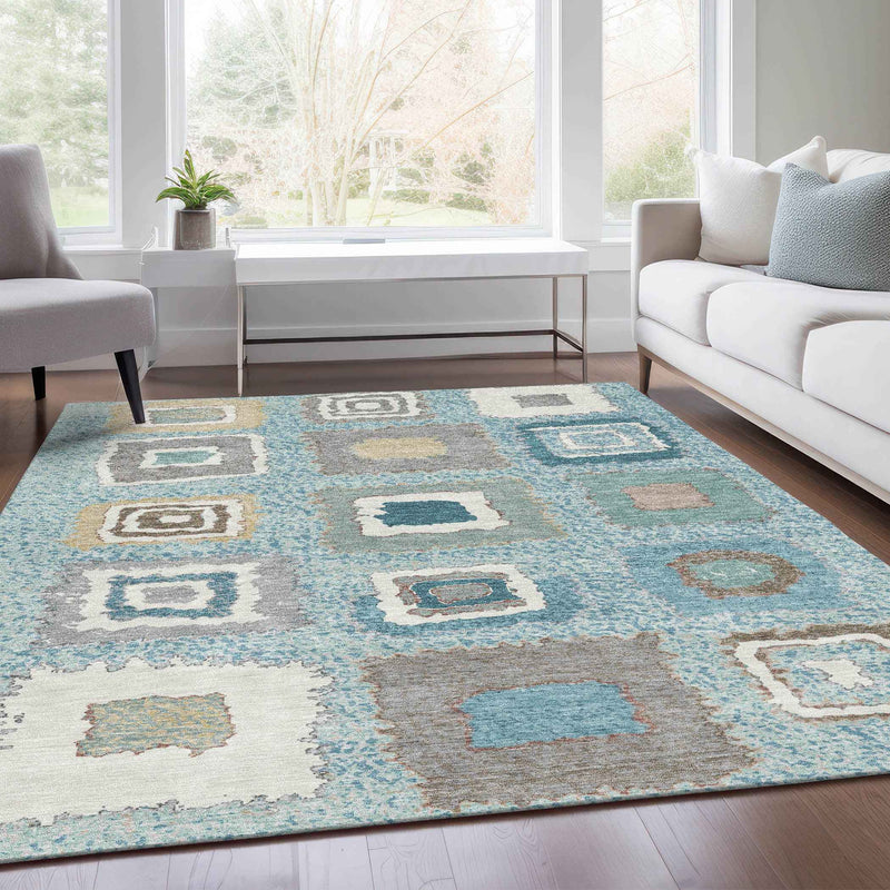 10' X 14' Teal Blue Beige And Ivory Geometric Washable Indoor Outdoor Area Rug