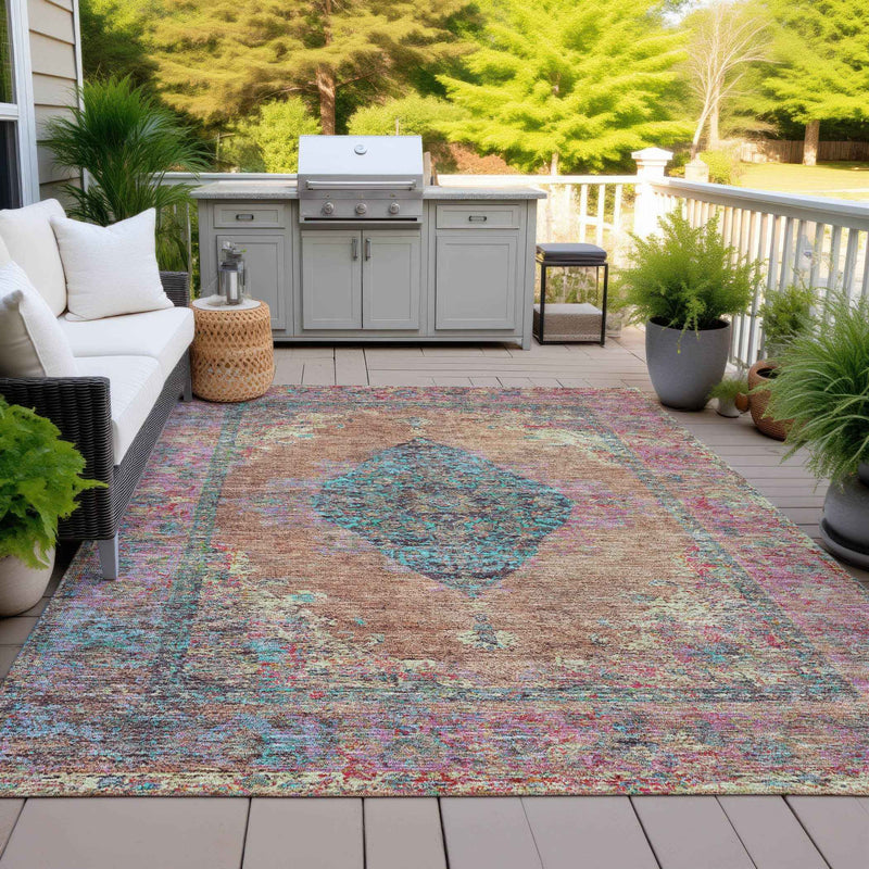 3' X 5' Orange And Teal Blue Medallion Washable Indoor Outdoor Area Rug