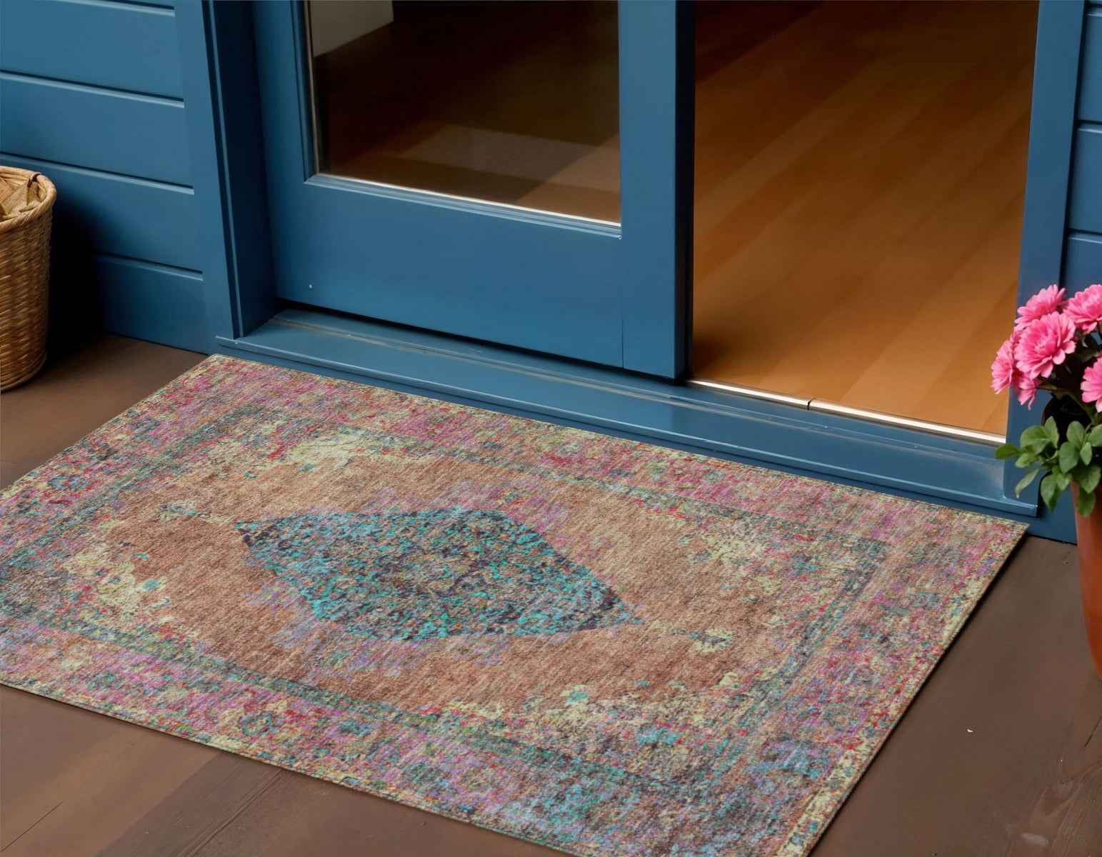 3' X 5' Orange And Teal Blue Medallion Washable Indoor Outdoor Area Rug