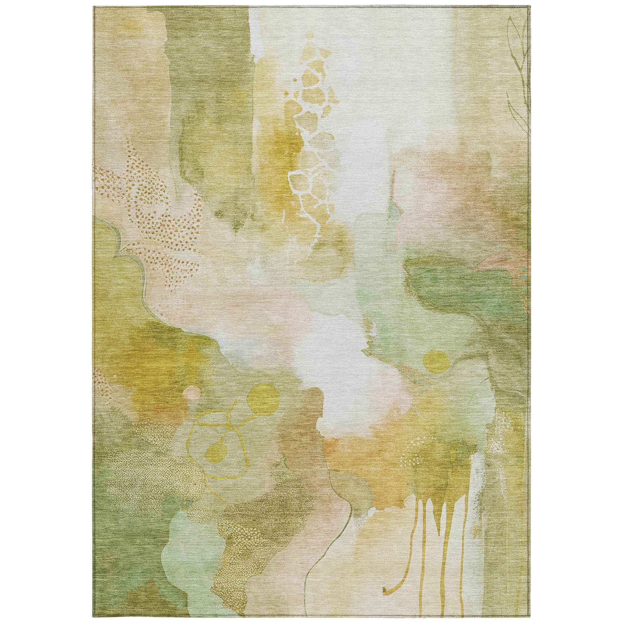 3' X 5' Fern Green Gold And Ivory Abstract Washable Indoor Outdoor Area Rug