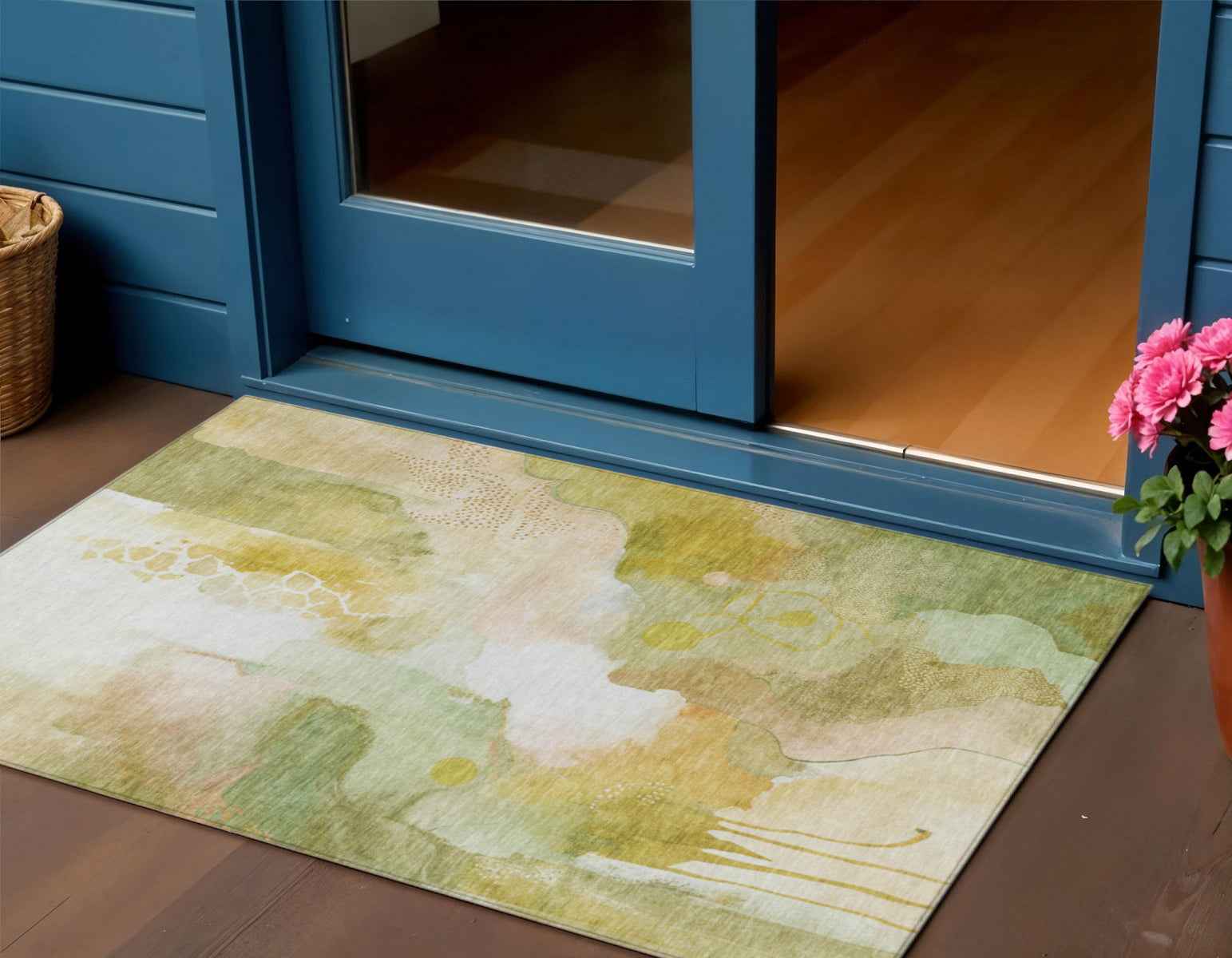 3' X 5' Fern Green Gold And Ivory Abstract Washable Indoor Outdoor Area Rug