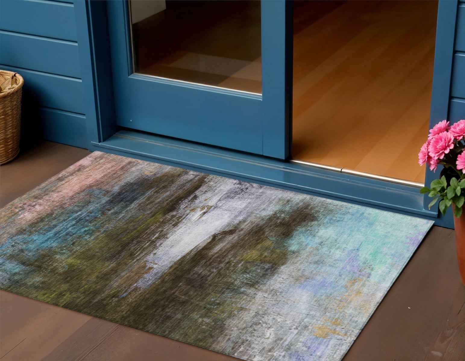 3' X 5' Brown Teal Blue And Blush Abstract Washable Indoor Outdoor Area Rug