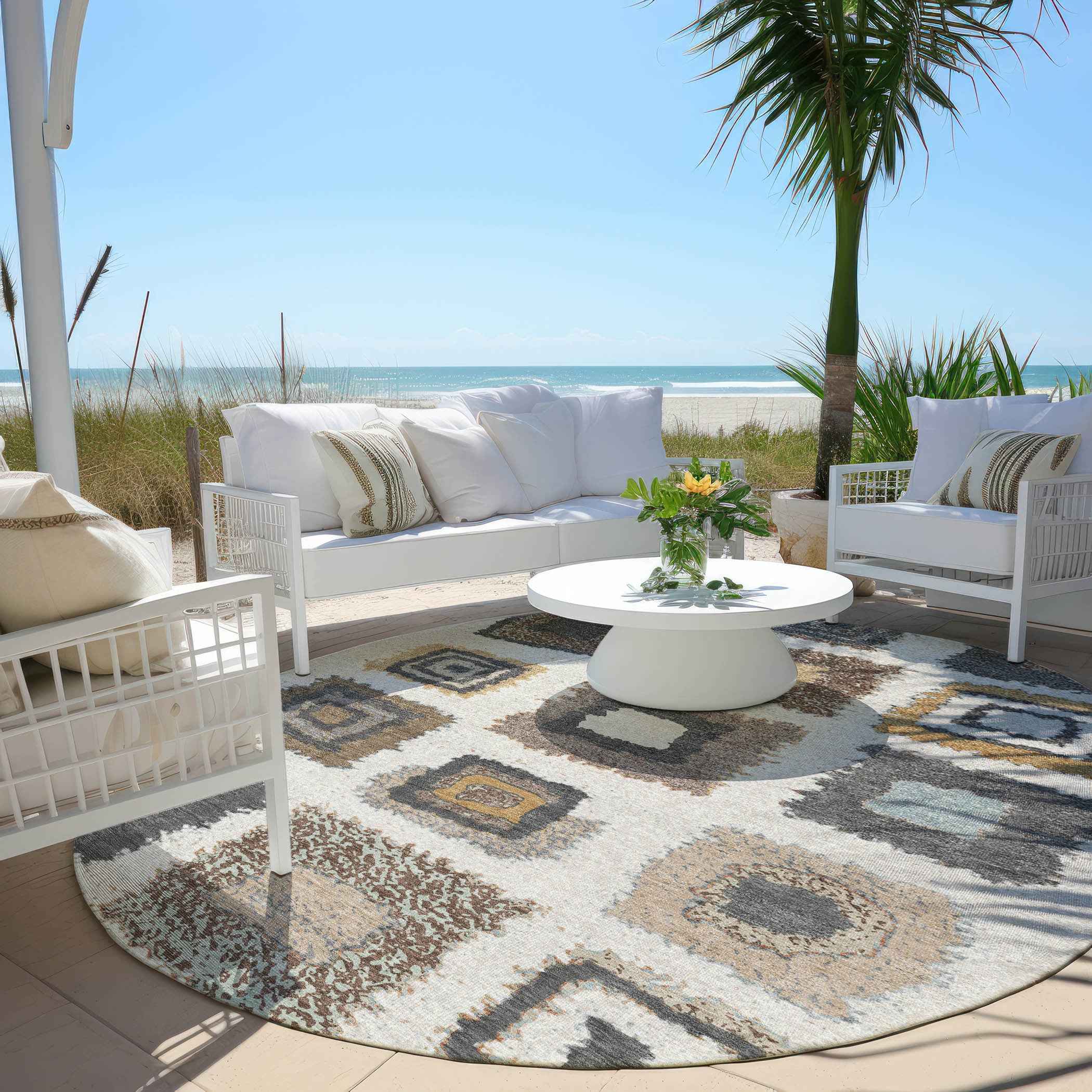 8' Ivory Charcoal And Gold Round Geometric Washable Indoor Outdoor Area Rug