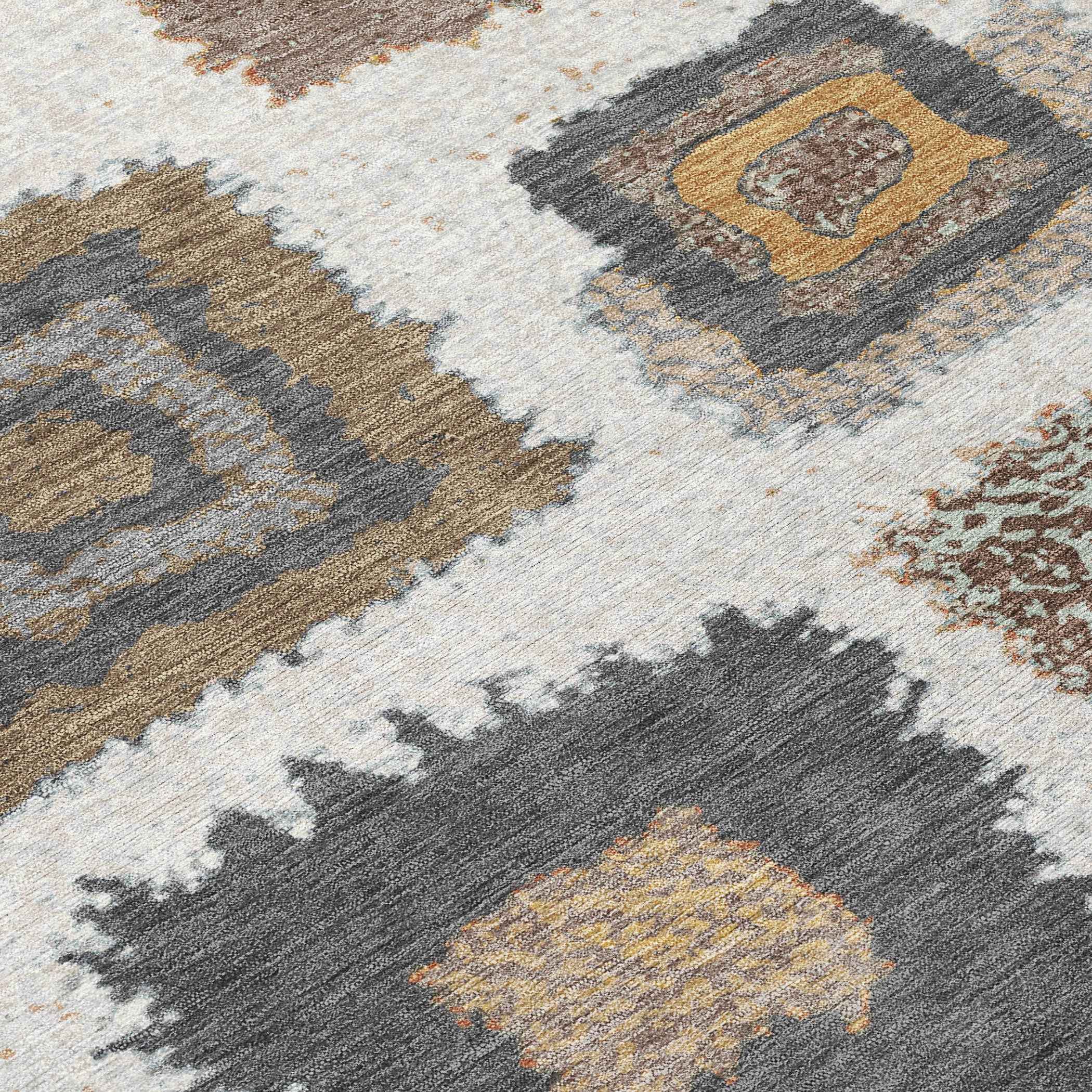 8' Ivory Charcoal And Gold Round Geometric Washable Indoor Outdoor Area Rug