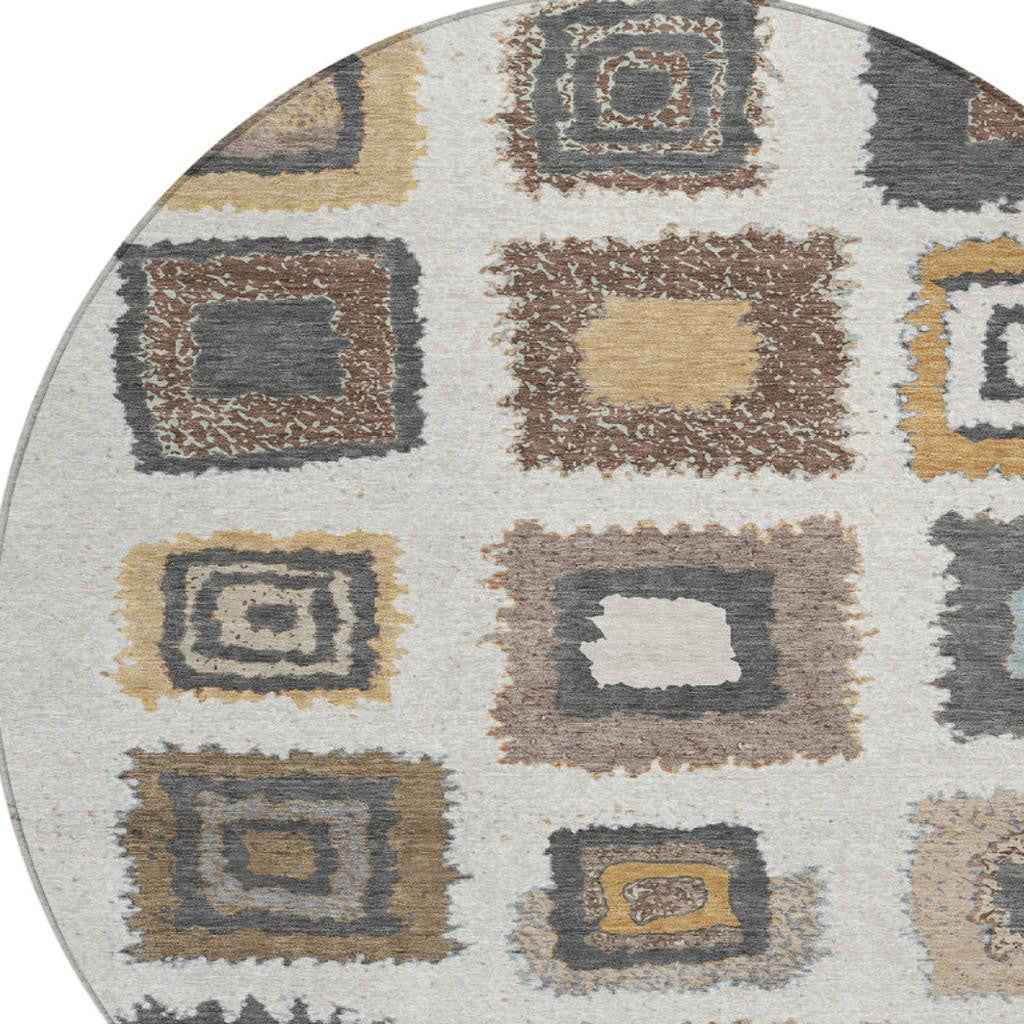 8' Ivory Charcoal And Gold Round Geometric Washable Indoor Outdoor Area Rug