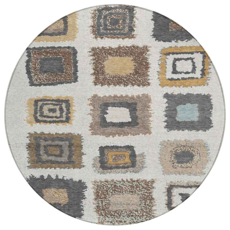 8' Ivory Charcoal And Gold Round Geometric Washable Indoor Outdoor Area Rug