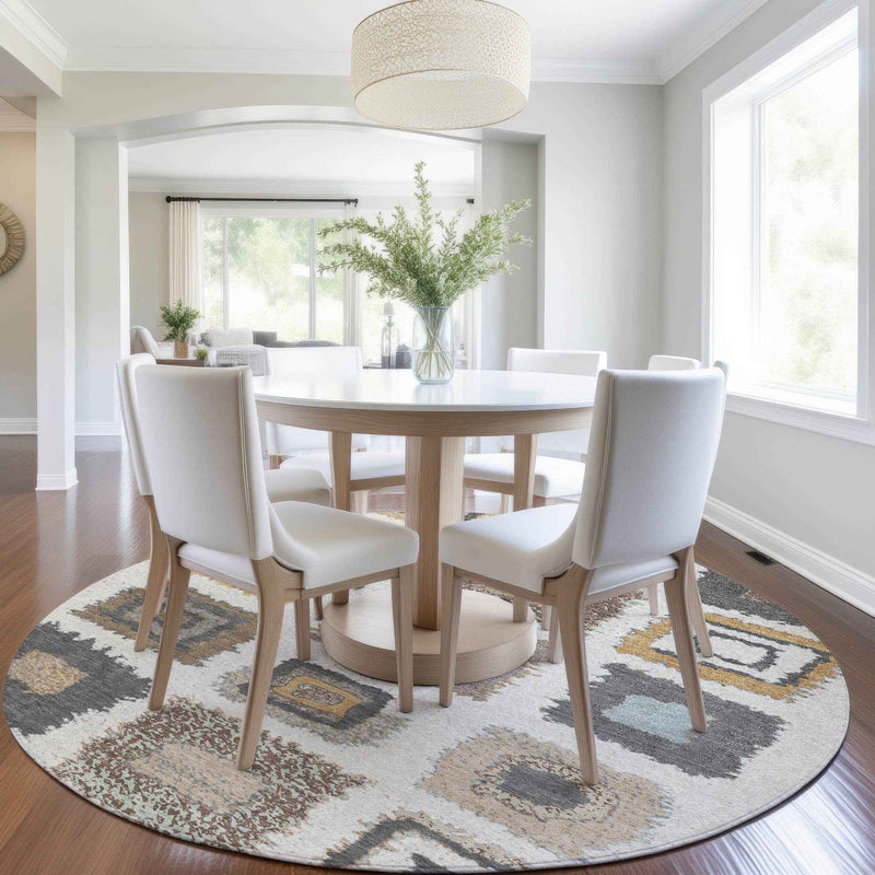 8' Ivory Charcoal And Gold Round Geometric Washable Indoor Outdoor Area Rug