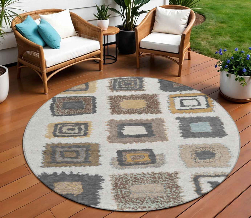 8' Ivory Charcoal And Gold Round Geometric Washable Indoor Outdoor Area Rug