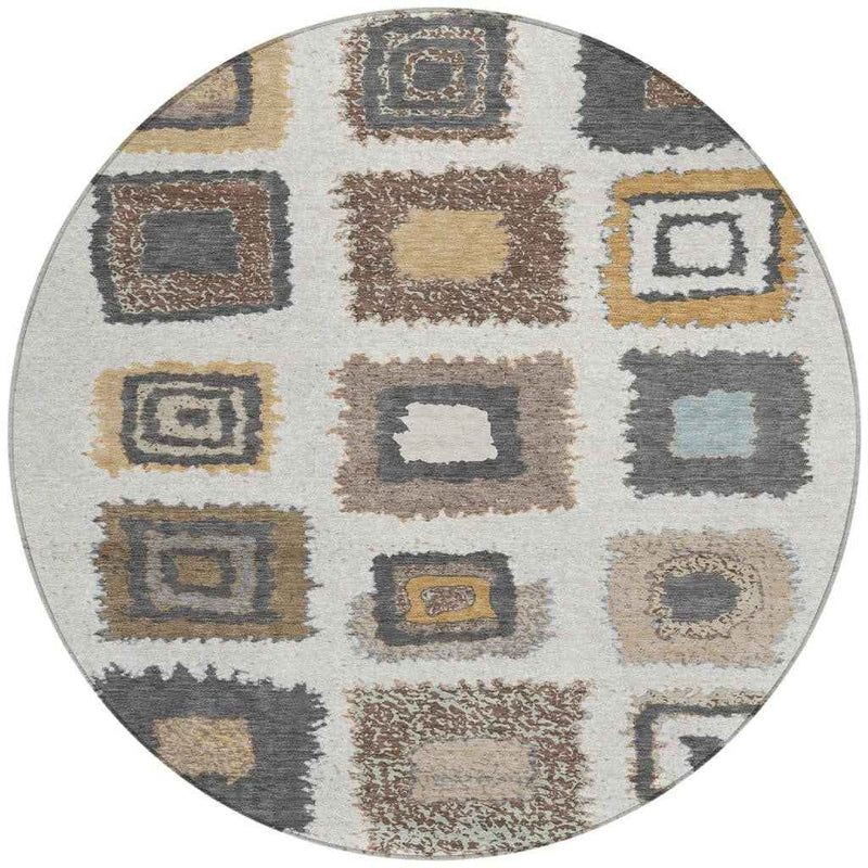 8' Ivory Charcoal And Gold Round Geometric Washable Indoor Outdoor Area Rug