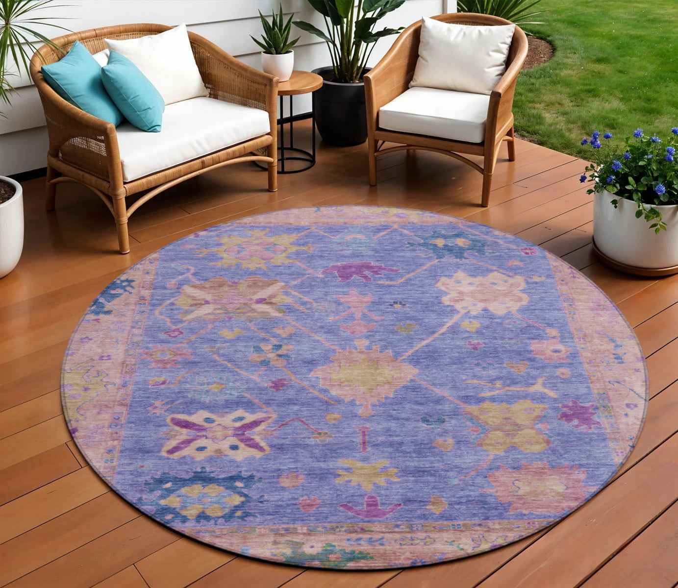 8' Purple And Blue Round Tribal Washable Indoor Outdoor Area Rug