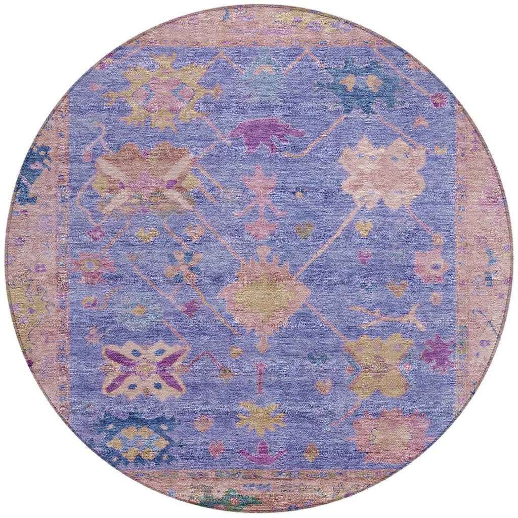 8' Purple And Blue Round Tribal Washable Indoor Outdoor Area Rug