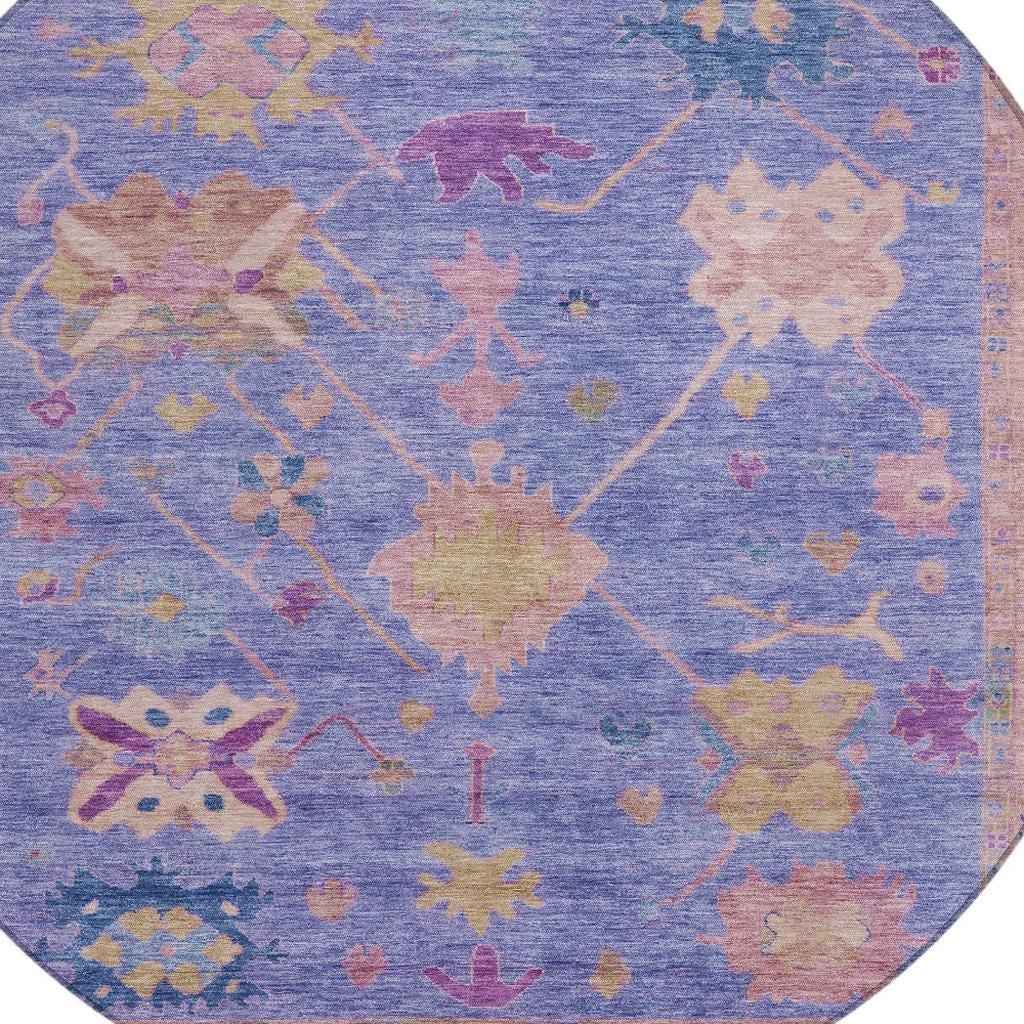 8' Purple And Blue Round Tribal Washable Indoor Outdoor Area Rug