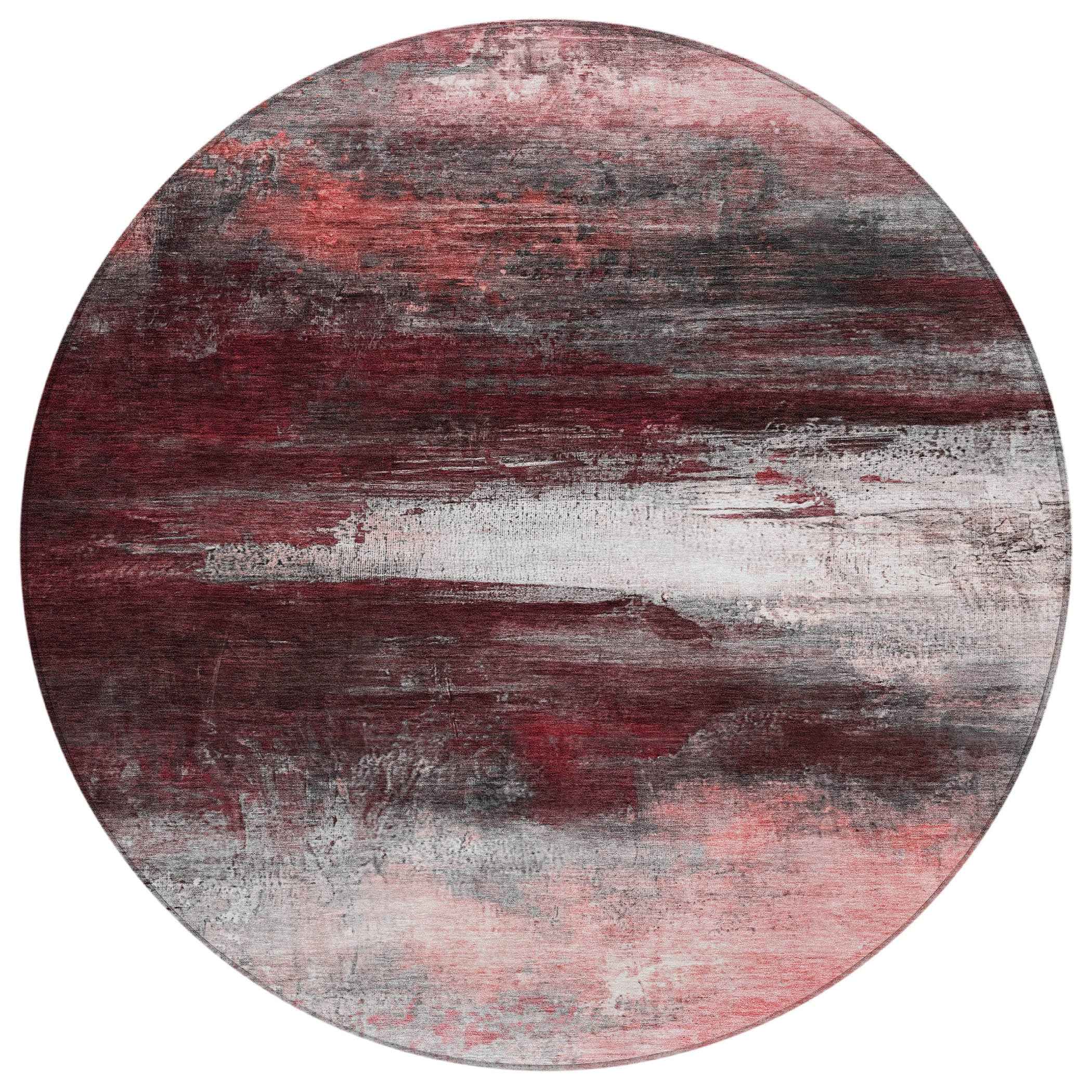 8' Merlot Charcoal And Ivory Round Abstract Washable Indoor Outdoor Area Rug