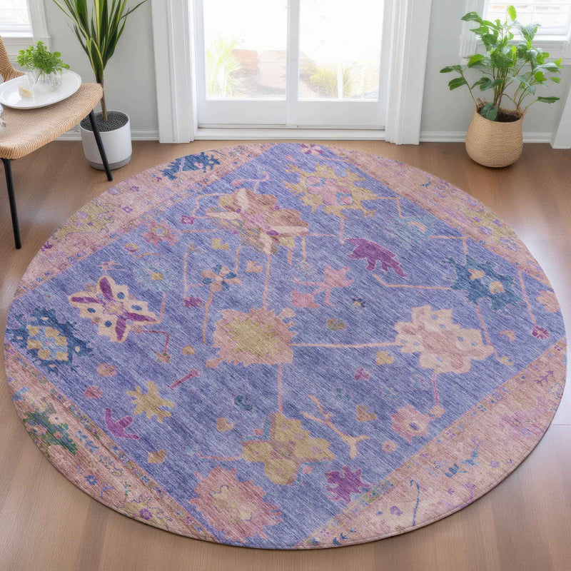 8' Purple And Blue Round Tribal Washable Indoor Outdoor Area Rug
