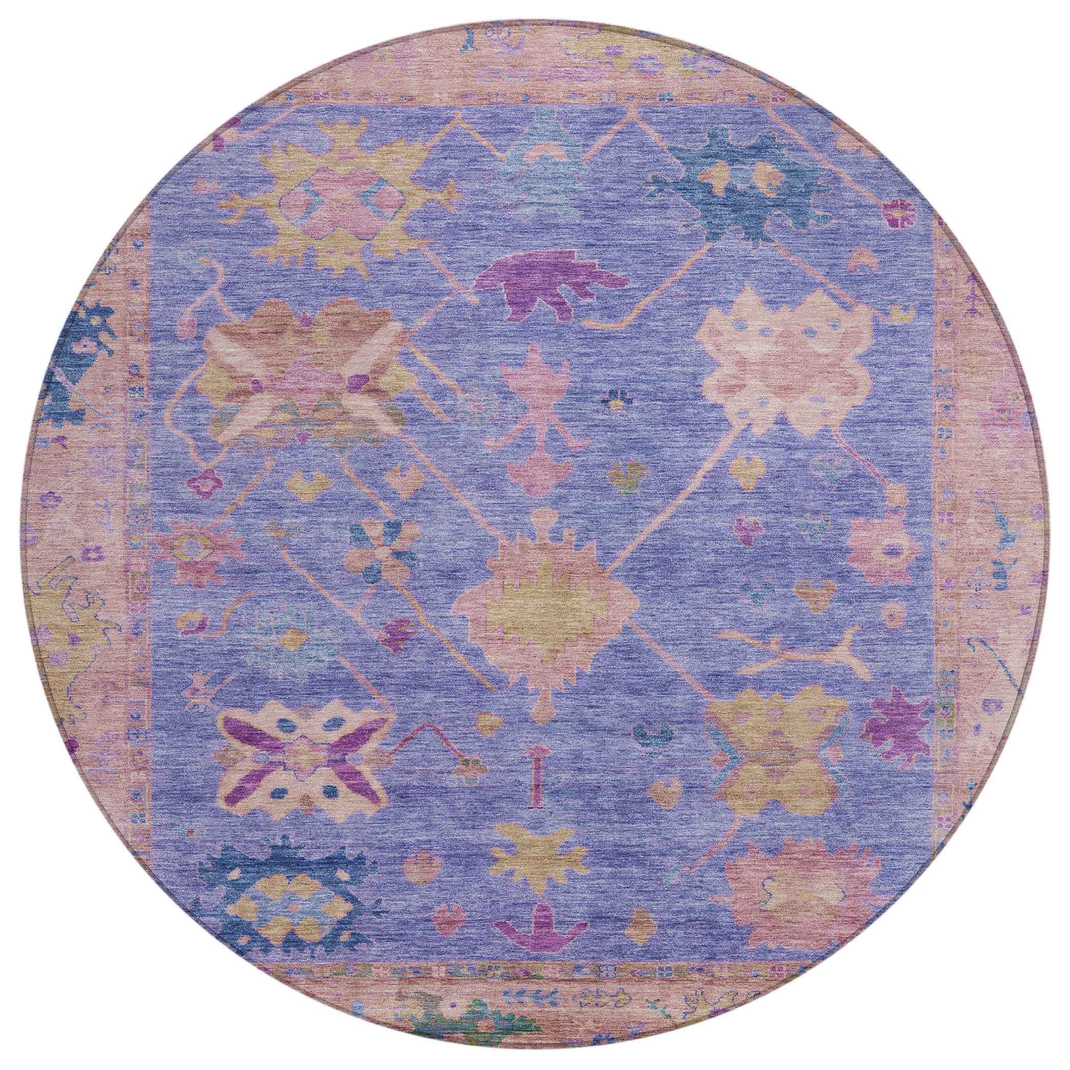 8' Purple And Blue Round Tribal Washable Indoor Outdoor Area Rug
