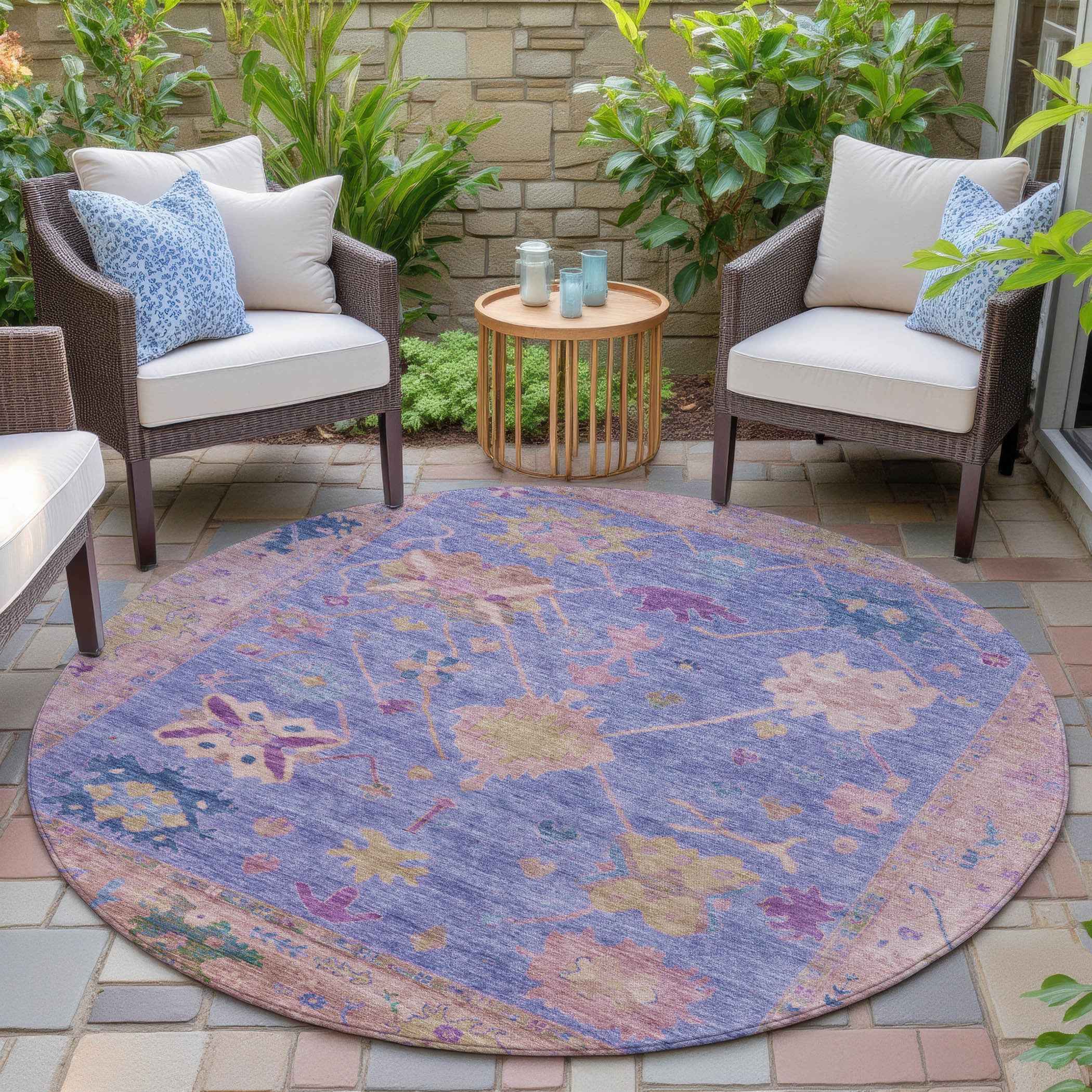 8' Purple And Blue Round Tribal Washable Indoor Outdoor Area Rug