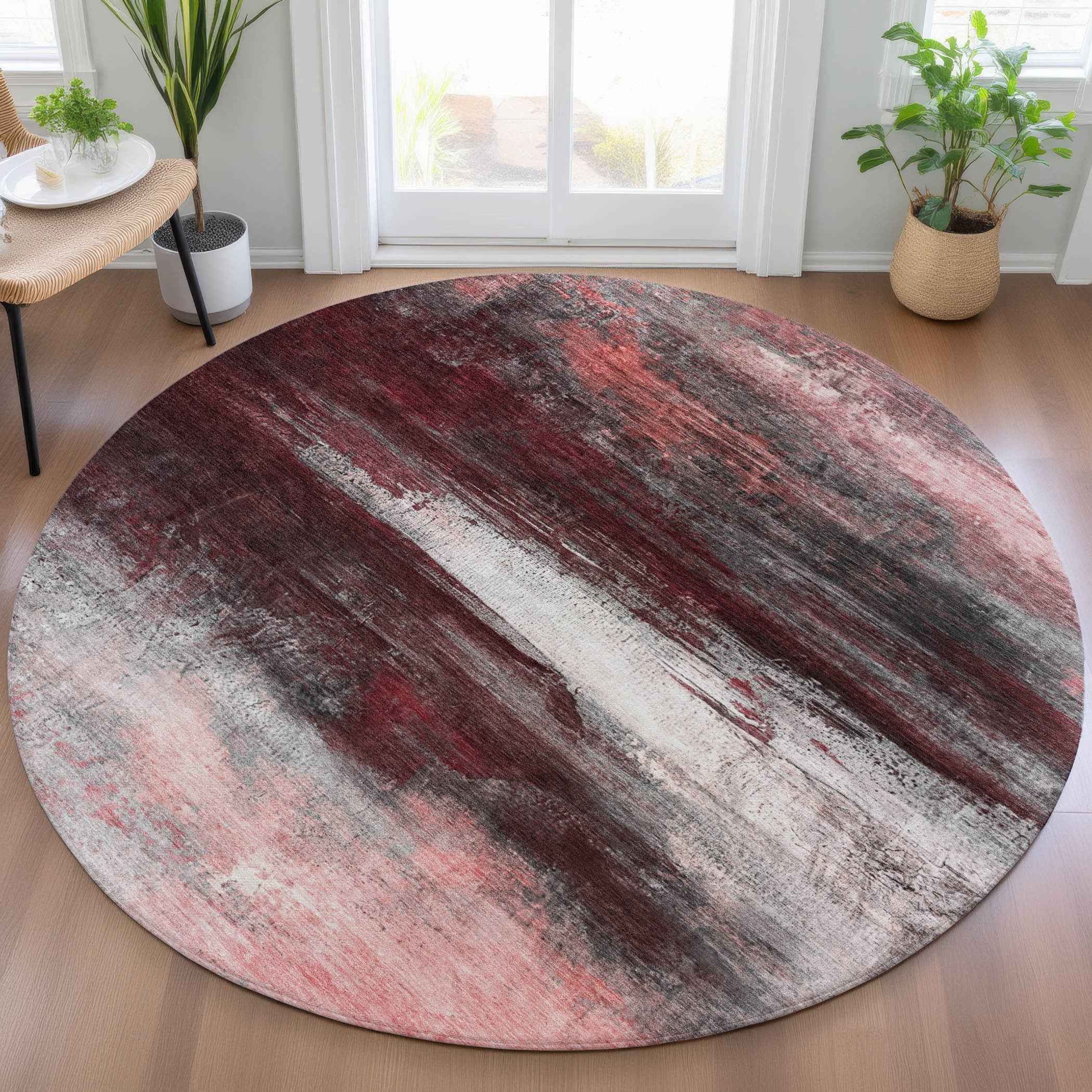 8' Merlot Charcoal And Ivory Round Abstract Washable Indoor Outdoor Area Rug