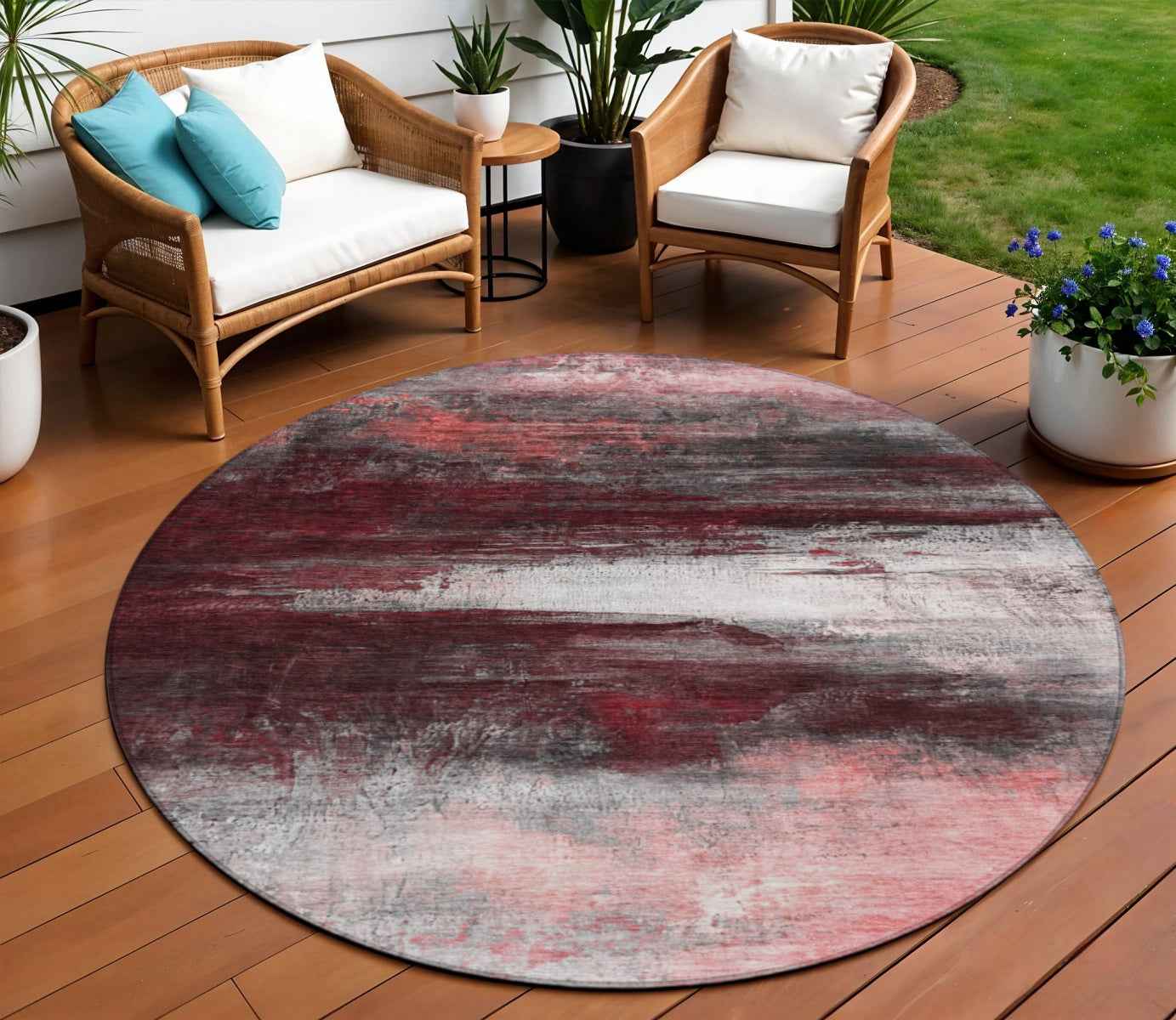 8' Merlot Charcoal And Ivory Round Abstract Washable Indoor Outdoor Area Rug