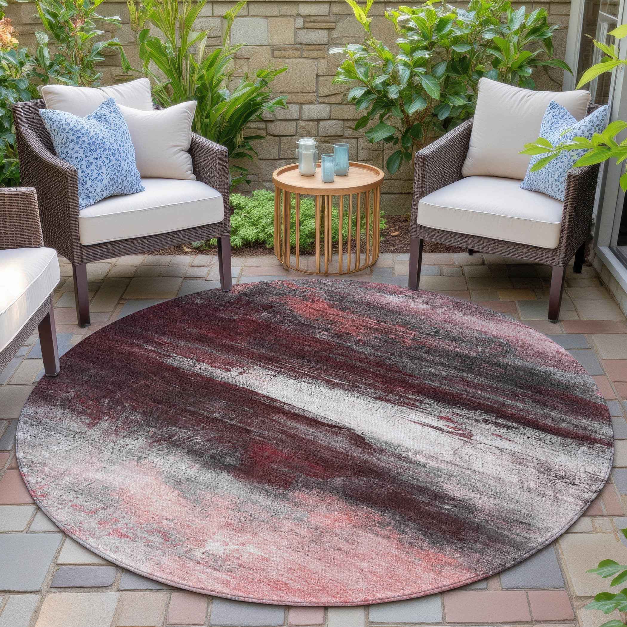 8' Merlot Charcoal And Ivory Round Abstract Washable Indoor Outdoor Area Rug