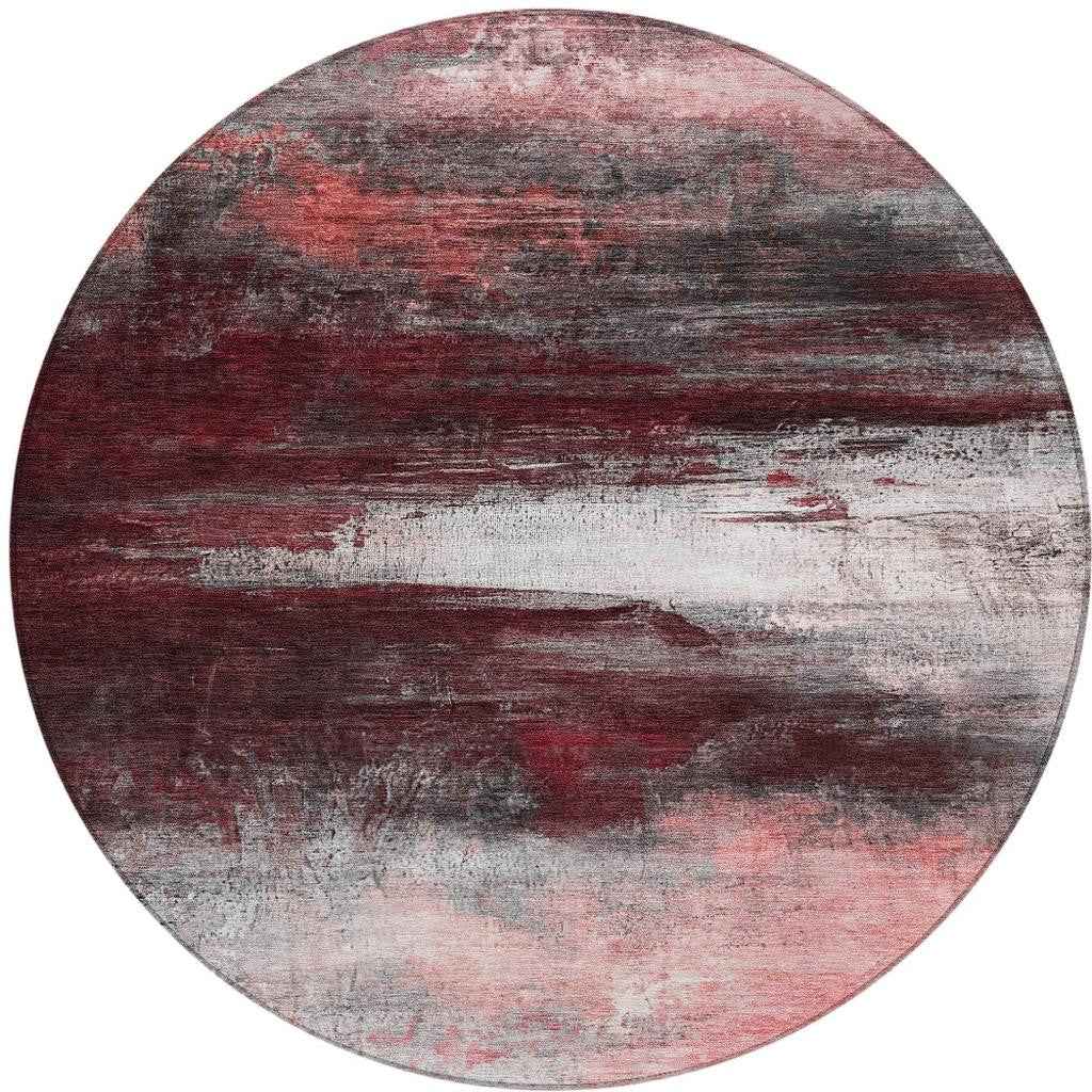 8' Merlot Charcoal And Ivory Round Abstract Washable Indoor Outdoor Area Rug