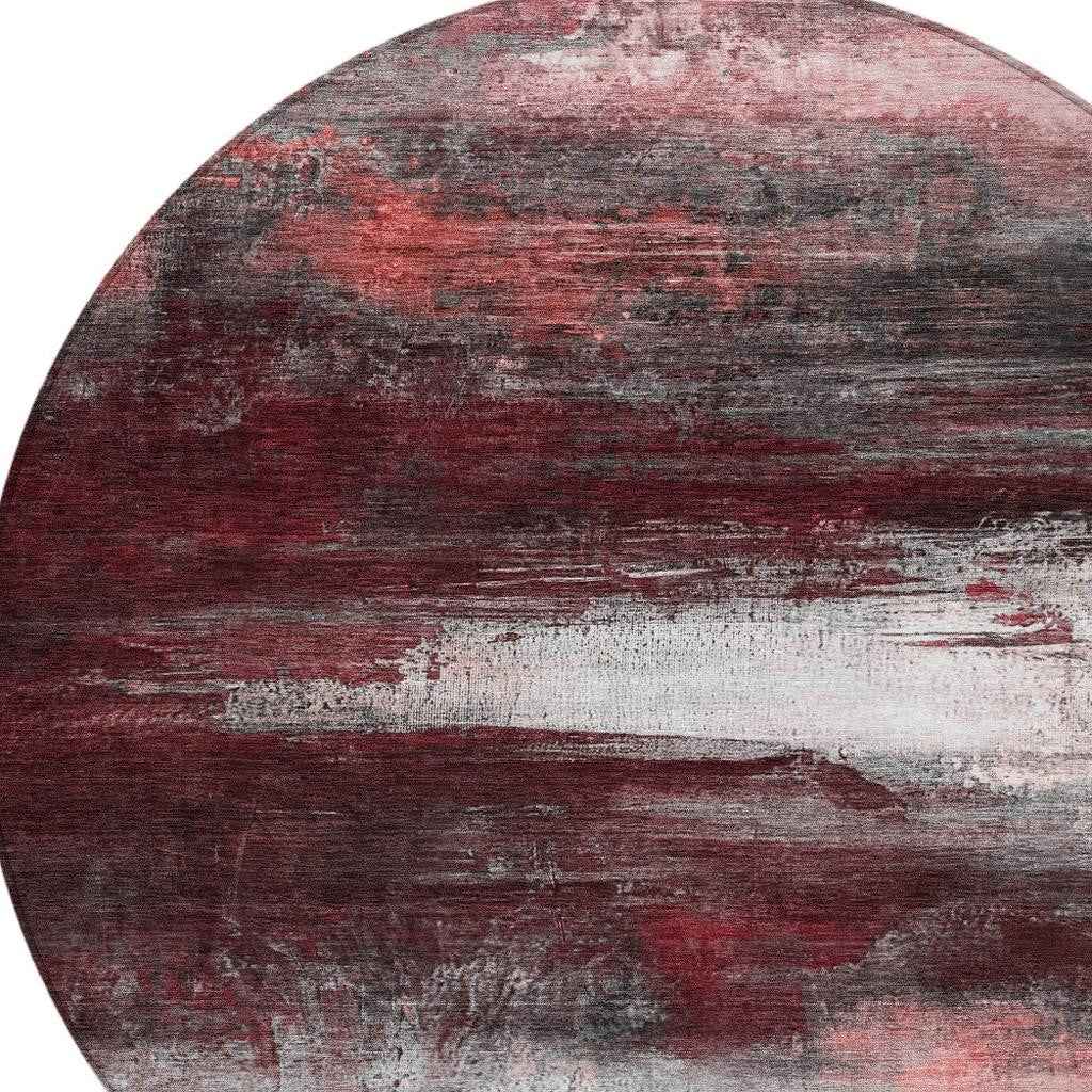 8' Merlot Charcoal And Ivory Round Abstract Washable Indoor Outdoor Area Rug