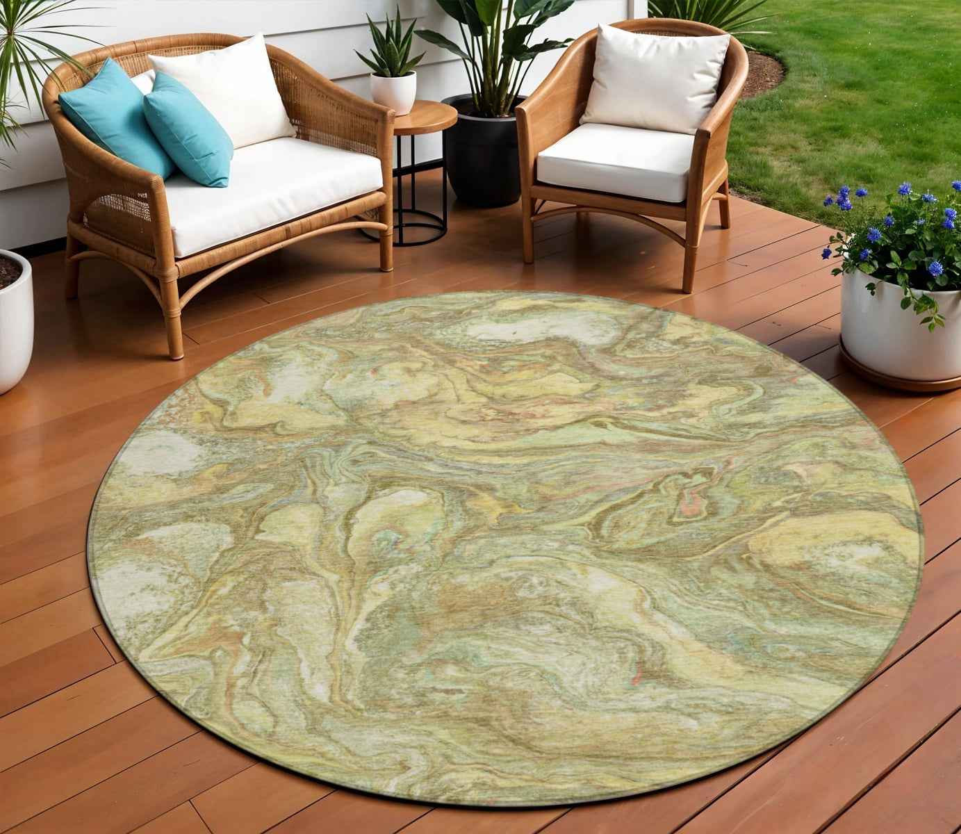 8' Gold And Taupe Round Abstract Washable Indoor Outdoor Area Rug