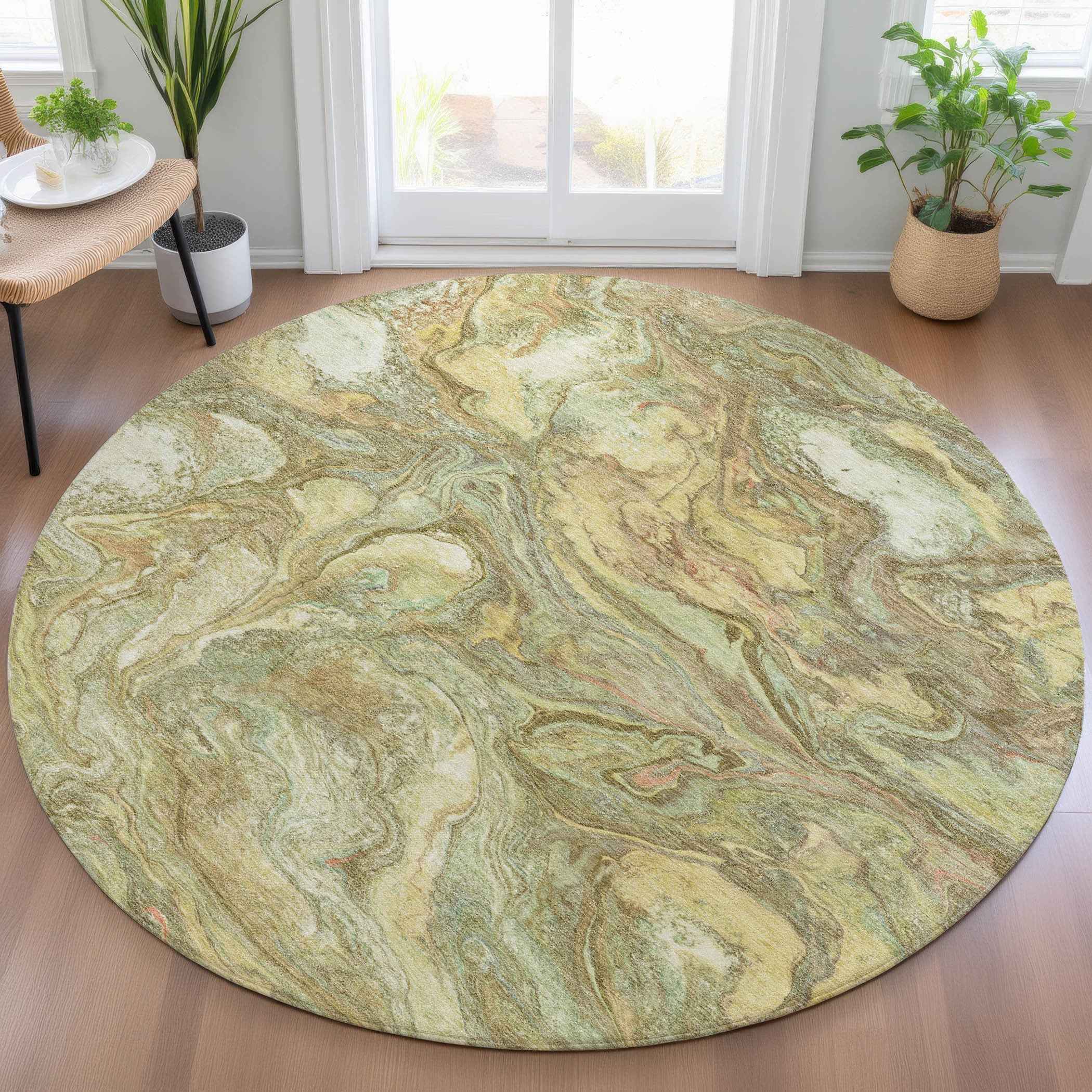 8' Gold And Taupe Round Abstract Washable Indoor Outdoor Area Rug