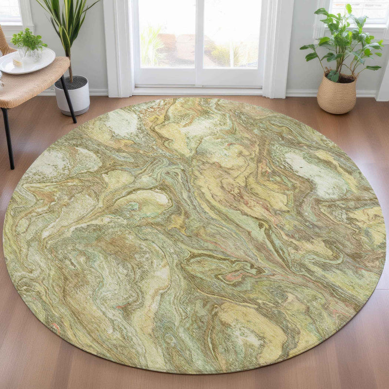 8' Gold And Taupe Round Abstract Washable Indoor Outdoor Area Rug