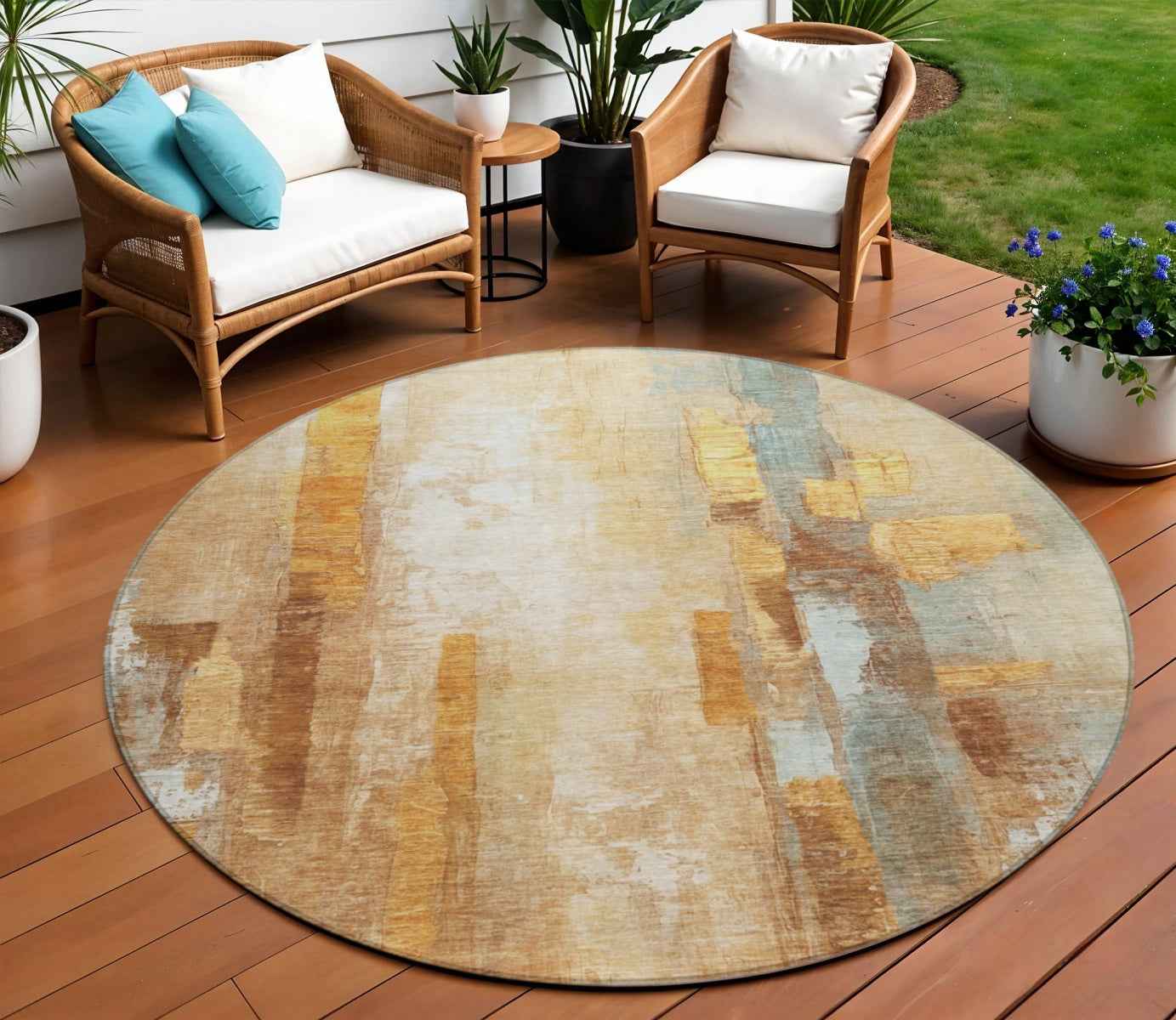 8' Copper And Ivory Round Abstract Washable Indoor Outdoor Area Rug