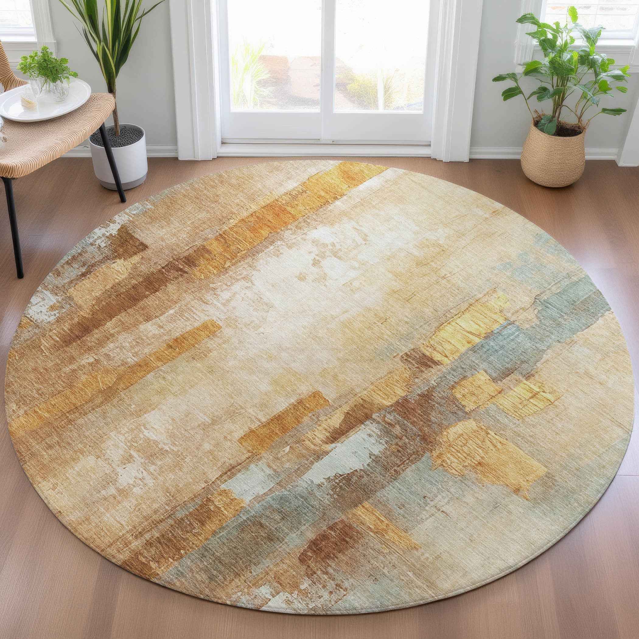8' Copper And Ivory Round Abstract Washable Indoor Outdoor Area Rug