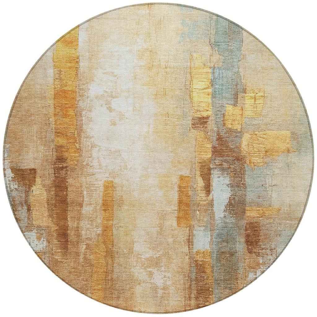8' Copper And Ivory Round Abstract Washable Indoor Outdoor Area Rug