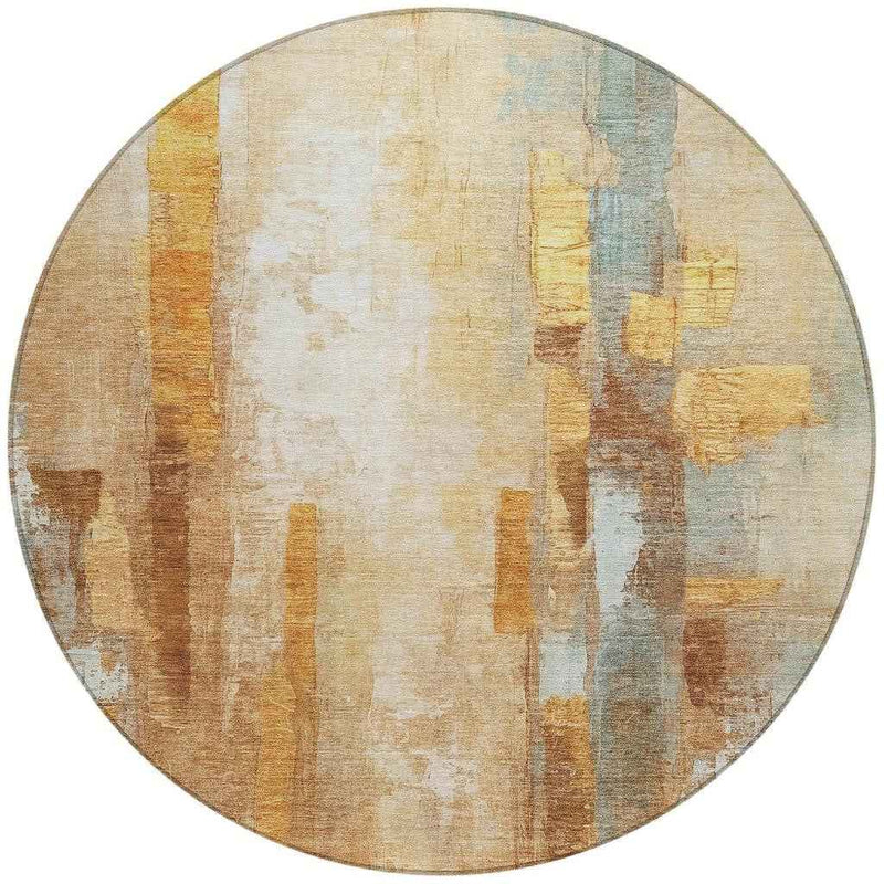 8' Copper And Ivory Round Abstract Washable Indoor Outdoor Area Rug