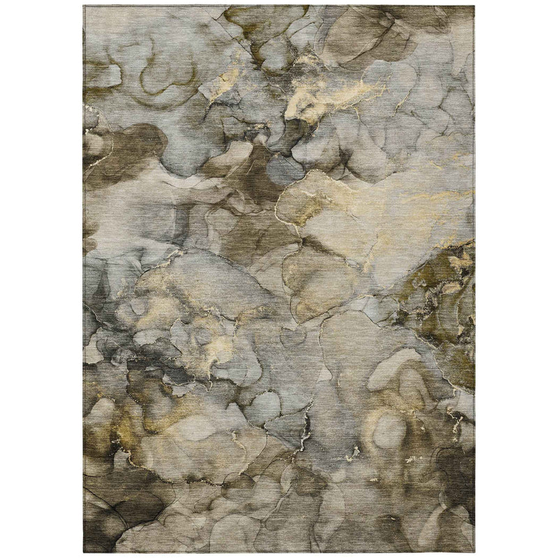 3' X 5' Pewter And Gold Abstract Washable Indoor Outdoor Area Rug