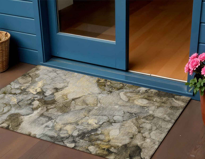 3' X 5' Pewter And Gold Abstract Washable Indoor Outdoor Area Rug