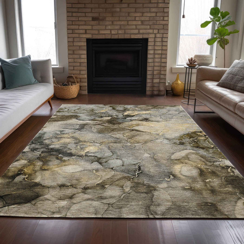 3' X 5' Pewter And Gold Abstract Washable Indoor Outdoor Area Rug