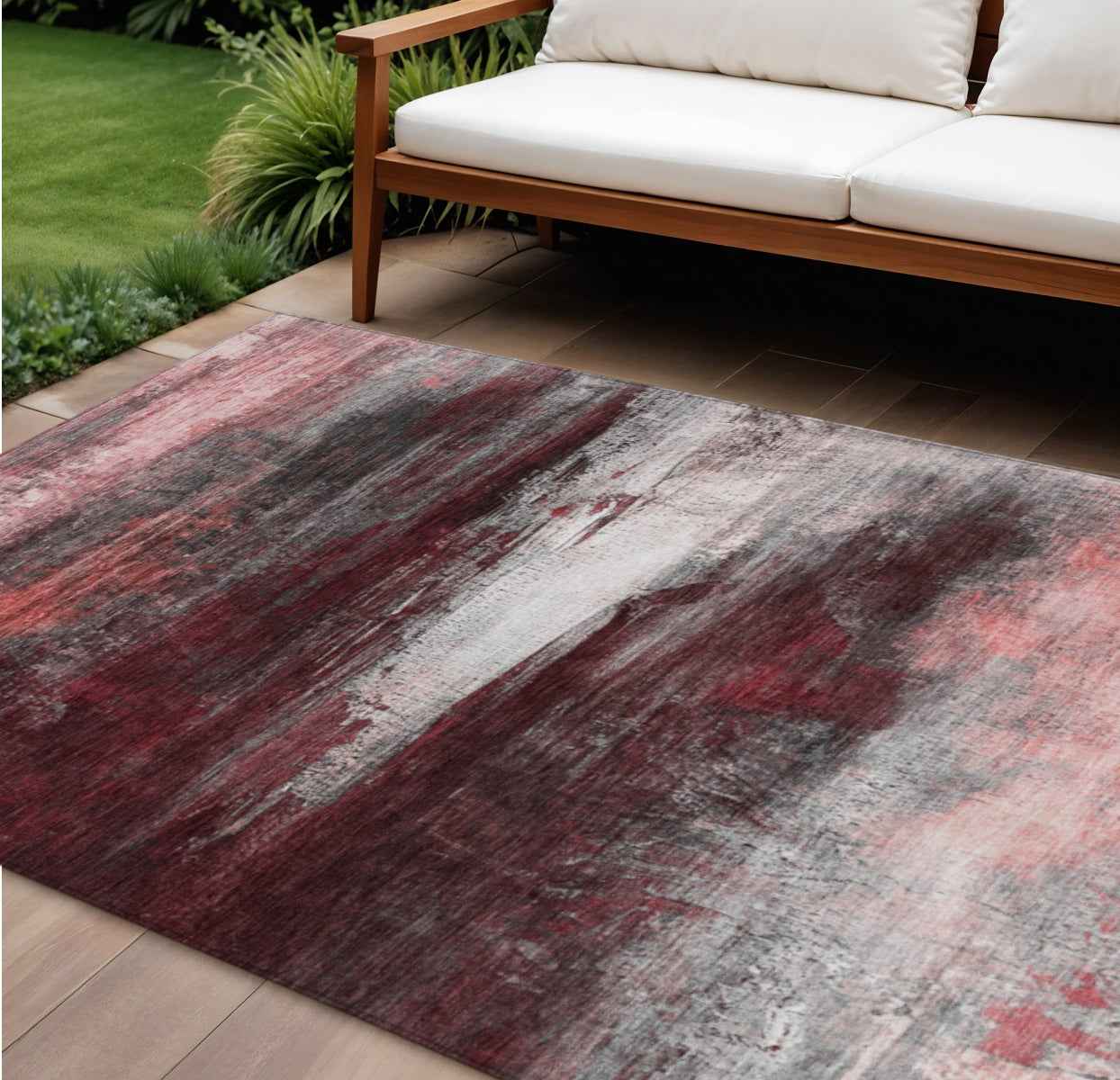 8' X 10' Merlot Charcoal And Ivory Abstract Washable Indoor Outdoor Area Rug