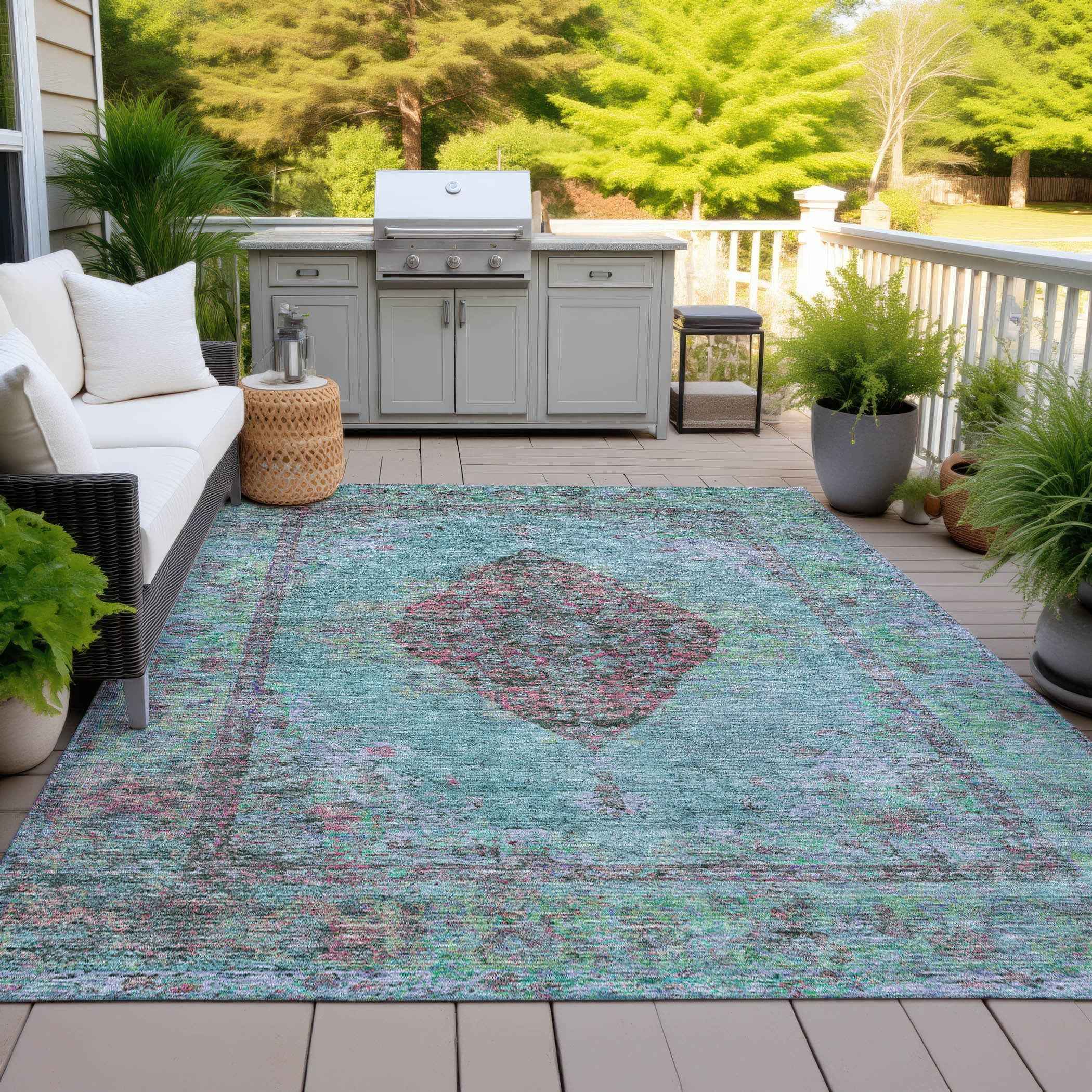 5' X 8' Aqua And Mauve Medallion Washable Indoor Outdoor Area Rug