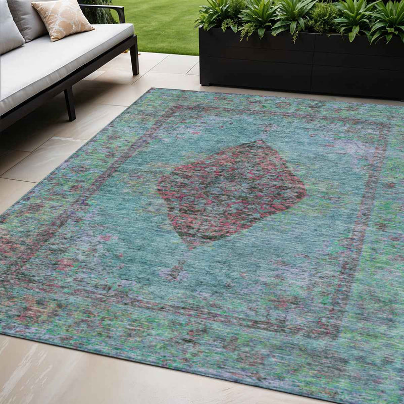 5' X 8' Aqua And Mauve Medallion Washable Indoor Outdoor Area Rug