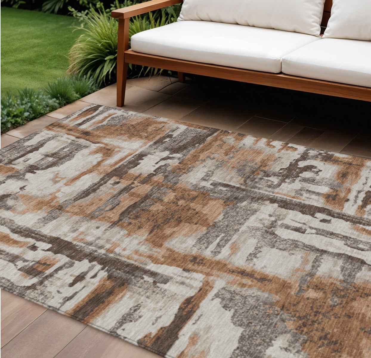 10' X 14' Rust And Taupe Abstract Washable Indoor Outdoor Area Rug