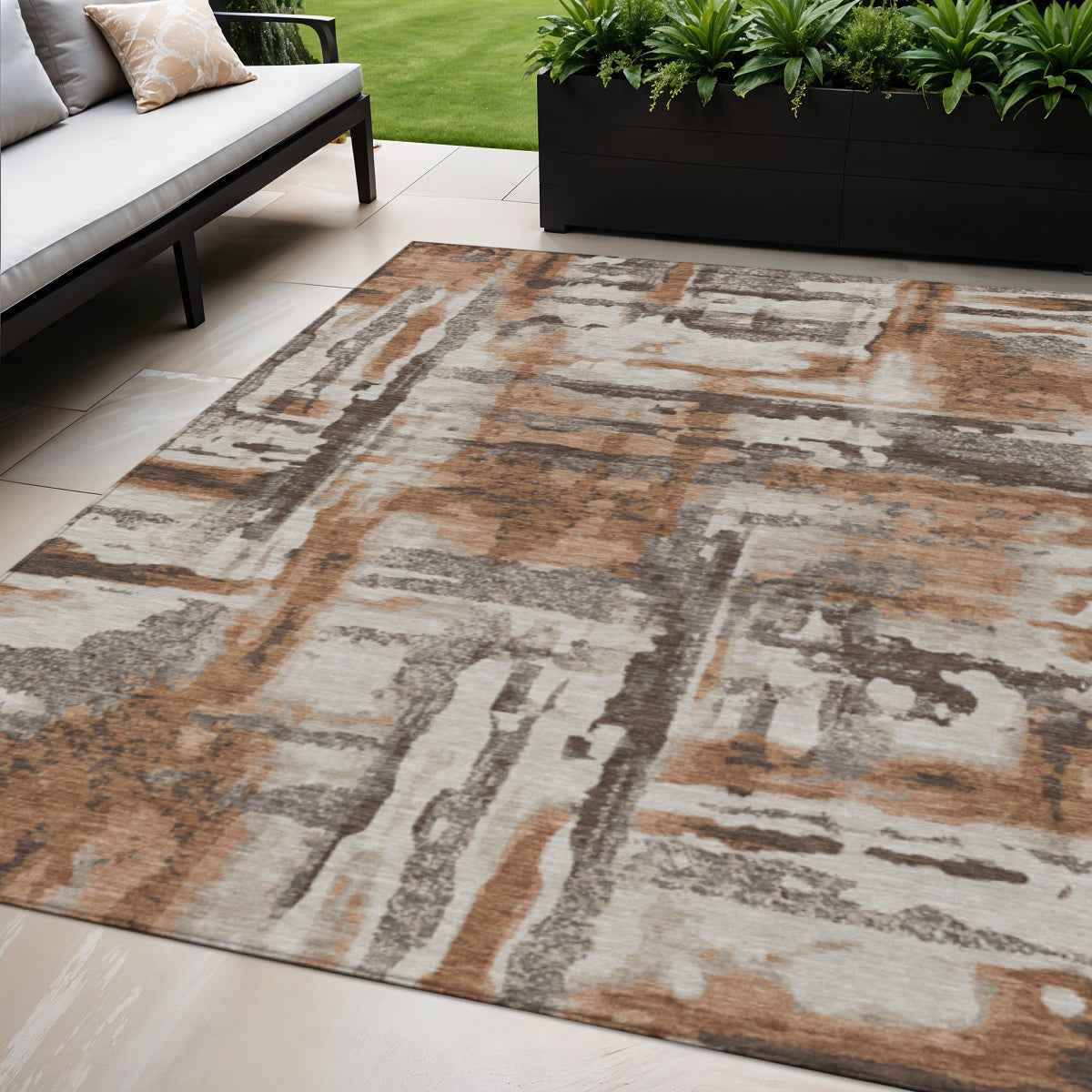 5' X 8' Rust And Taupe Abstract Washable Indoor Outdoor Area Rug