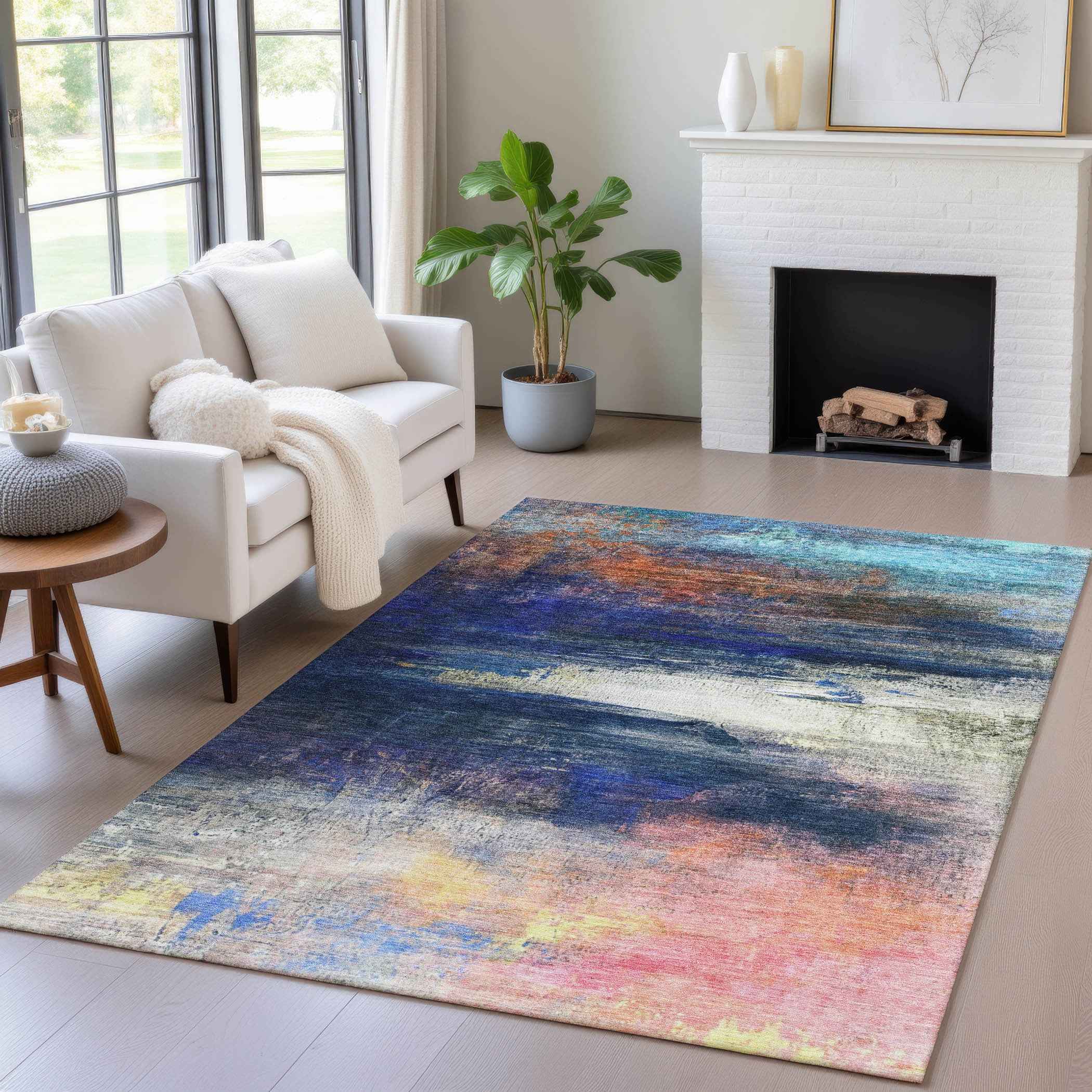 5' X 8' Blue Rust And Pink Abstract Washable Indoor Outdoor Area Rug