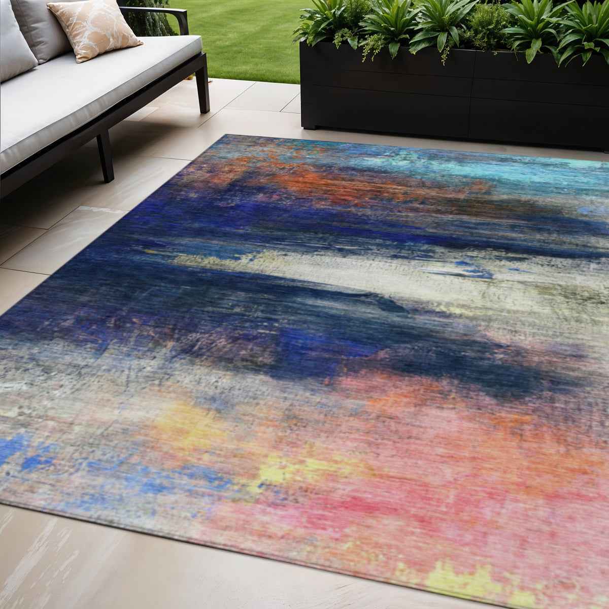 5' X 8' Blue Rust And Pink Abstract Washable Indoor Outdoor Area Rug