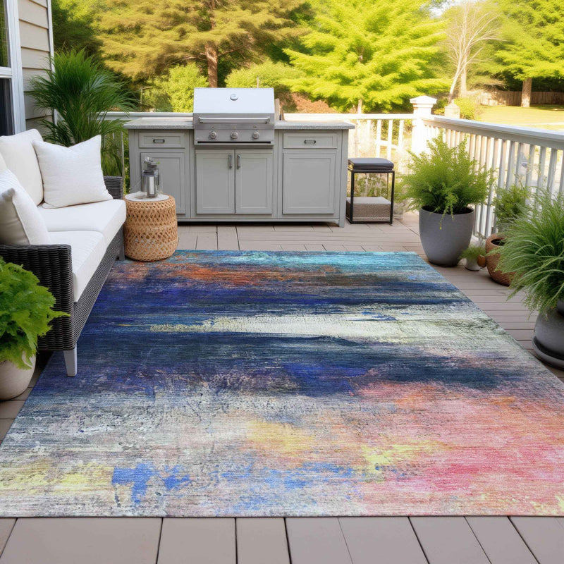 5' X 8' Blue Rust And Pink Abstract Washable Indoor Outdoor Area Rug