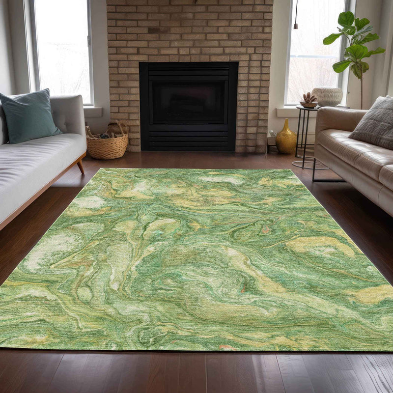 3' X 5' Green And Gold Abstract Washable Indoor Outdoor Area Rug